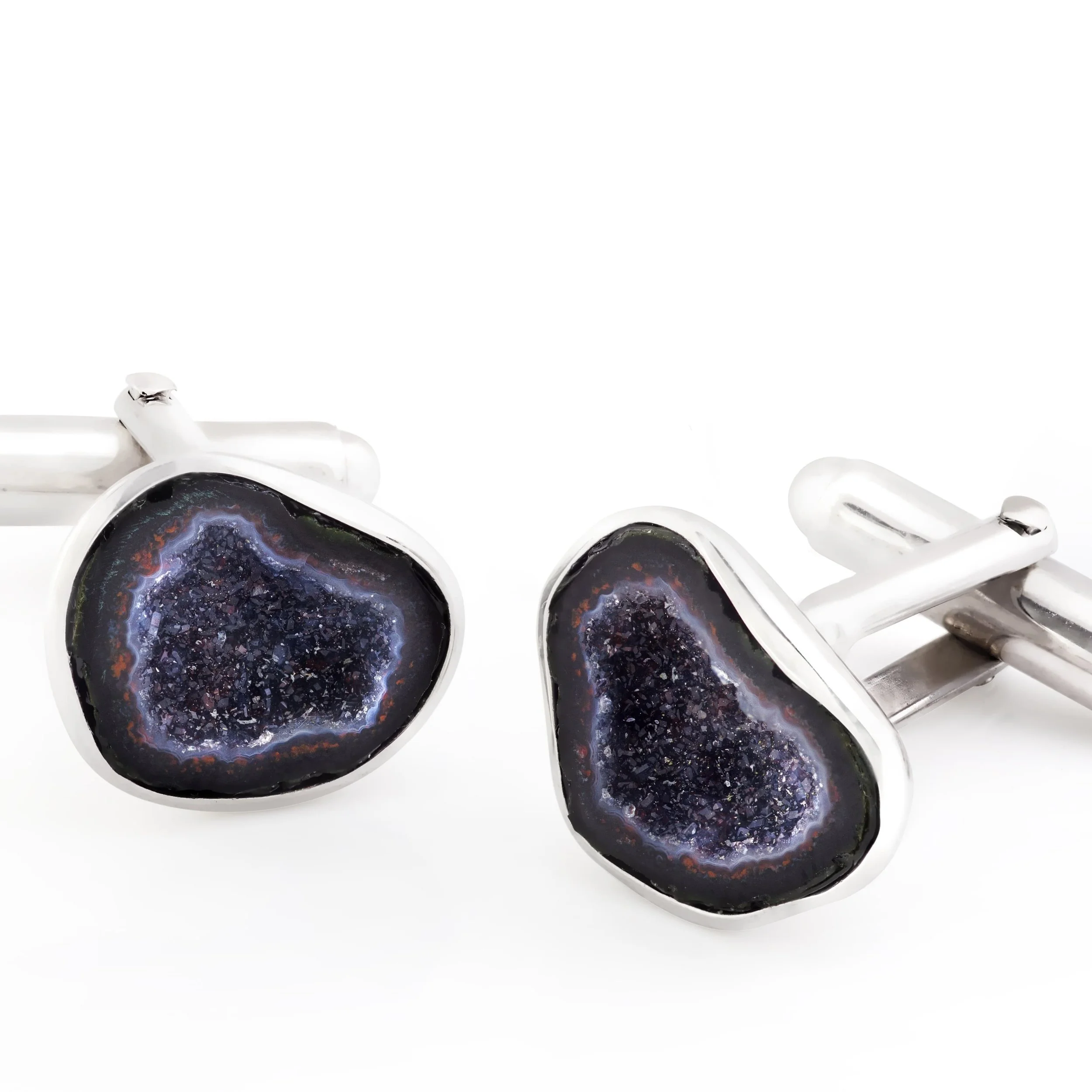 Drusy agate (Brazil) cufflinks, set in white gold-plated 925 silver