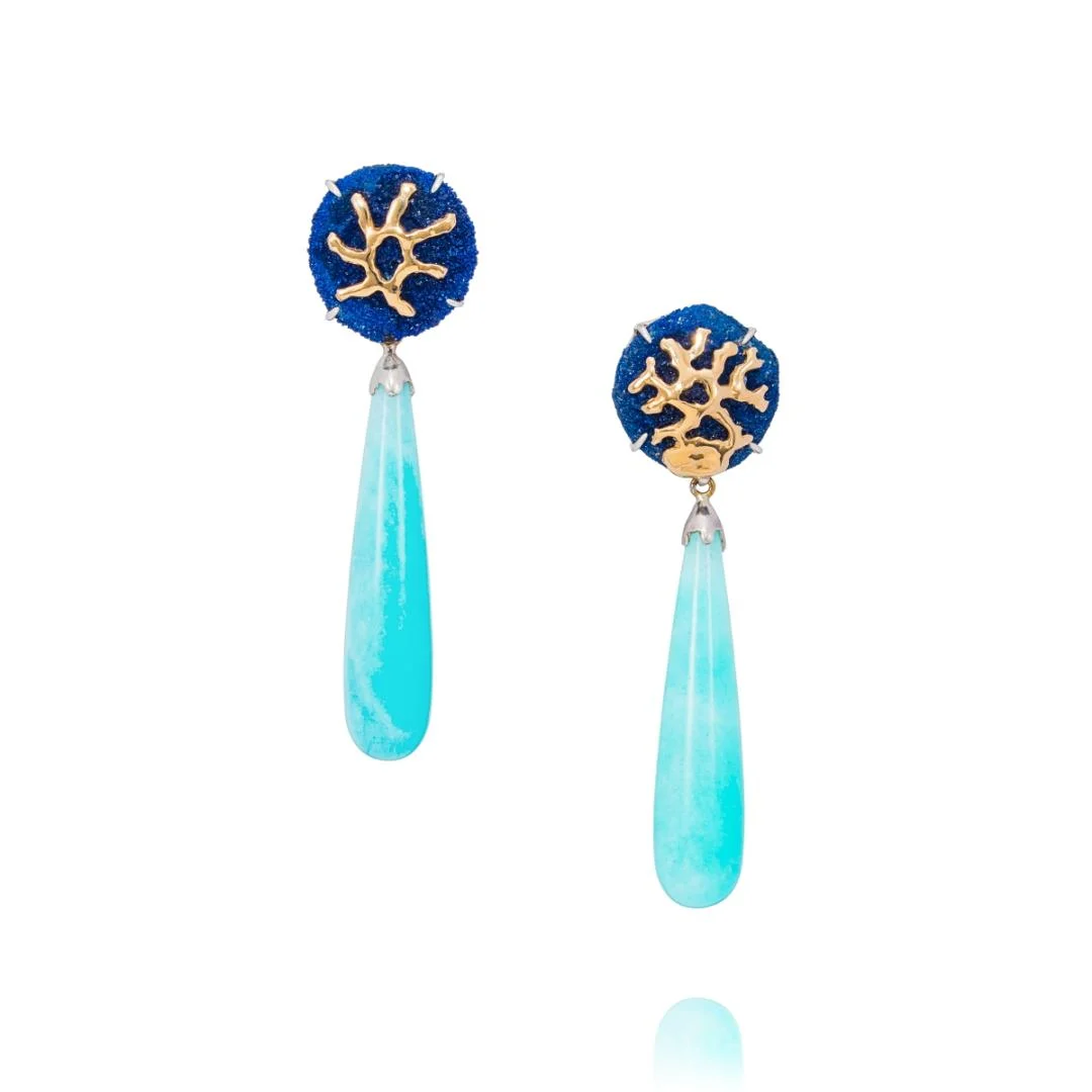 Amazonite tear drop, azurite roses with 18K yellow gold earrings
