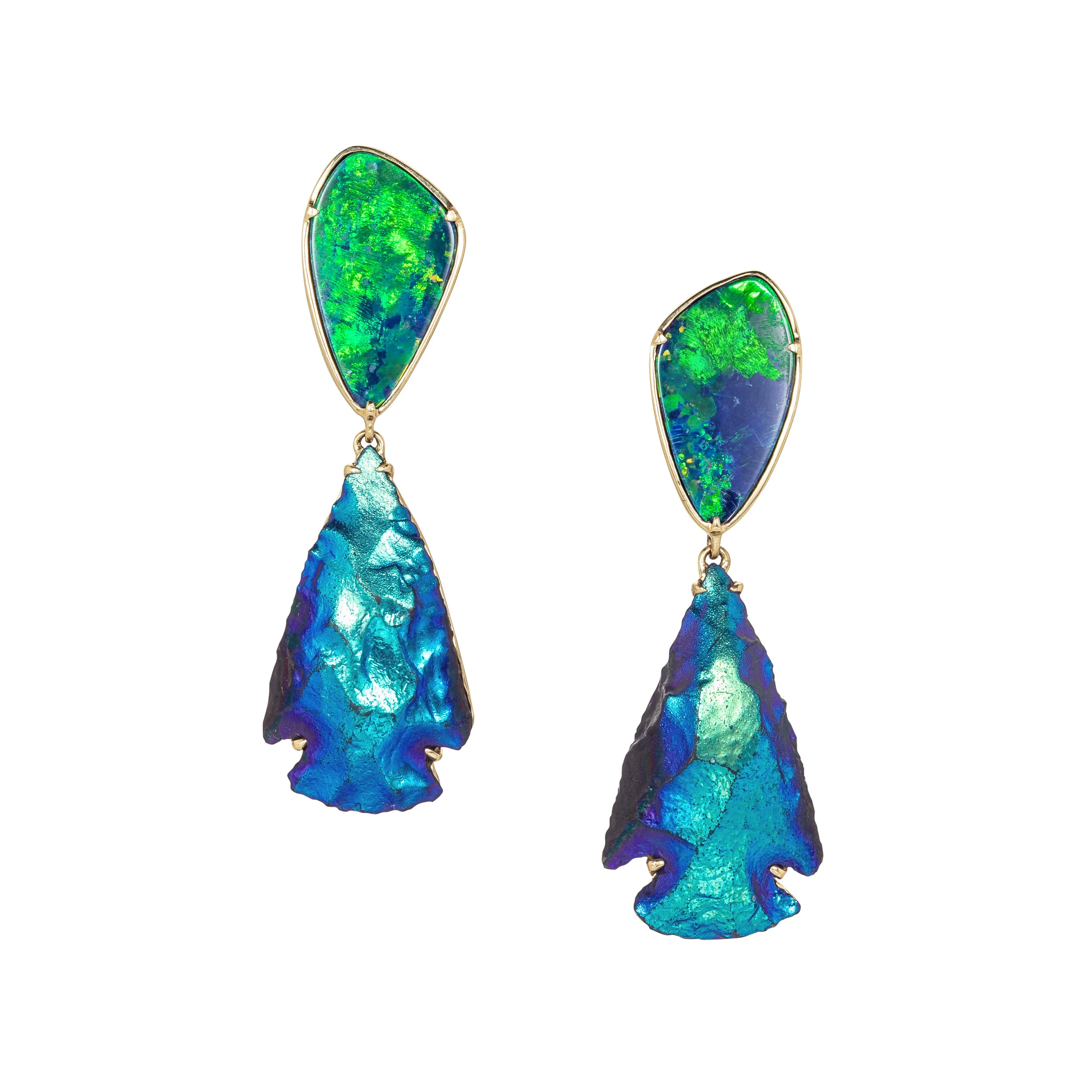 BRAVE: Arrow head with titanium, opal from Australia set in 18K yellow gold earrings.