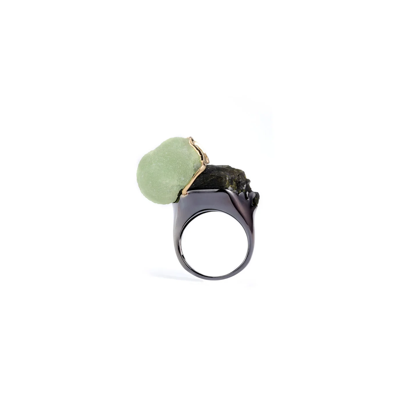 Epidote with prehnite set in 18kts black gold and with 18kts yellow gold enhancements