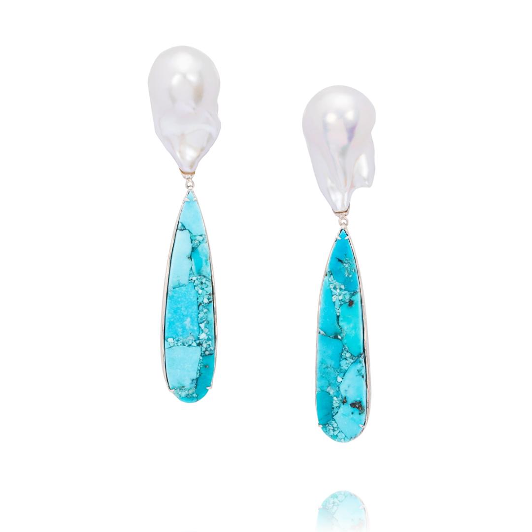 The Mermaid: Turquoise with baroque pearl, set in 925 silver earrings.