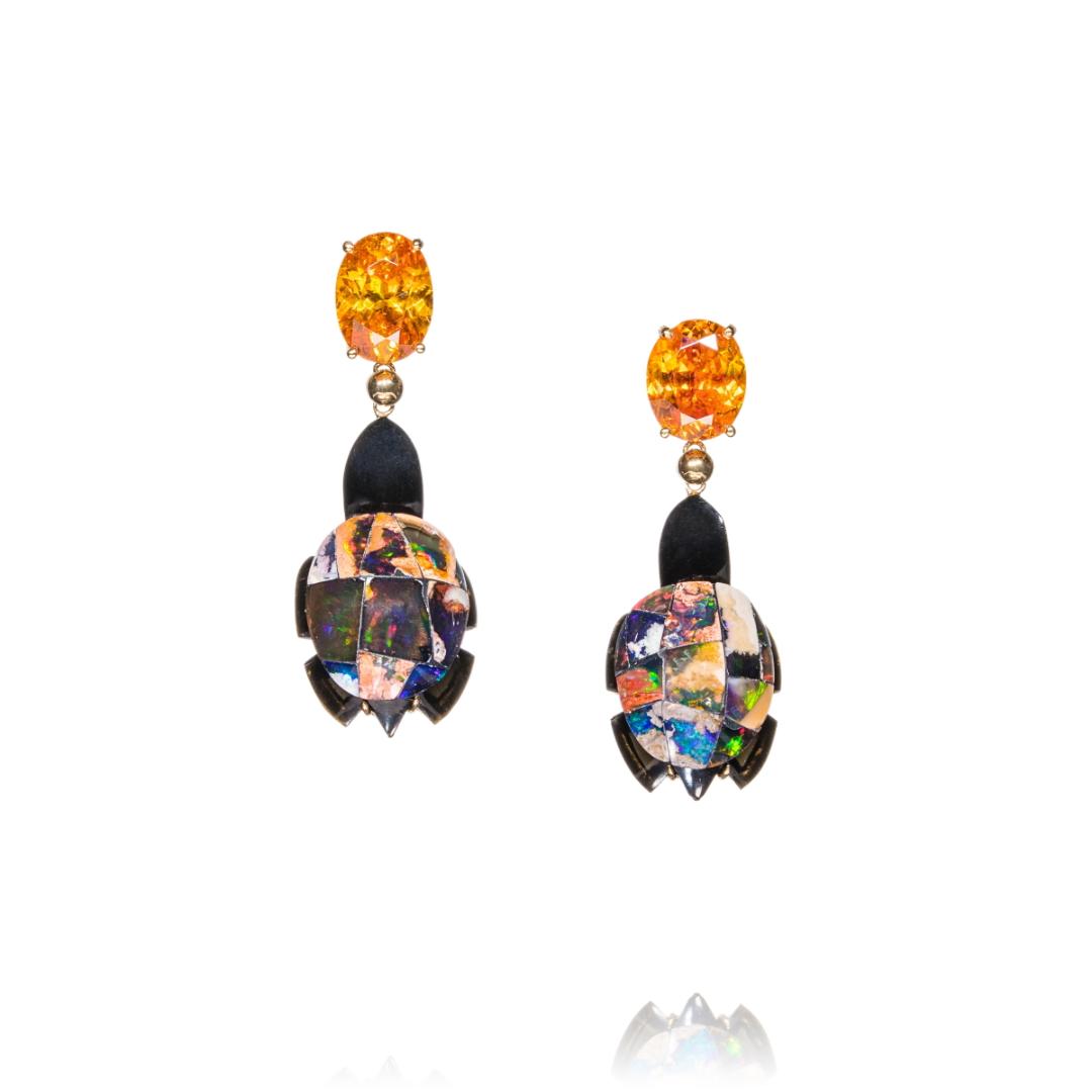 Custom made: Black agate and Mexican opal turtles, oval cut sphalerite set in 18K yellow gold earrings.