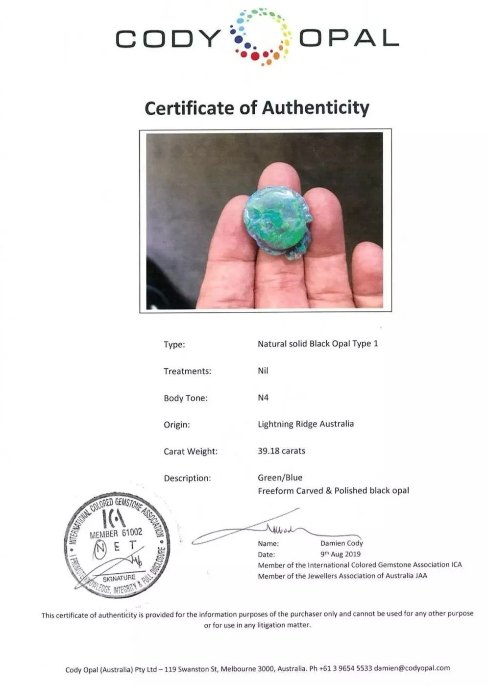 The certificate of the 39.18cts black opal from Lightning Ridge, Australia