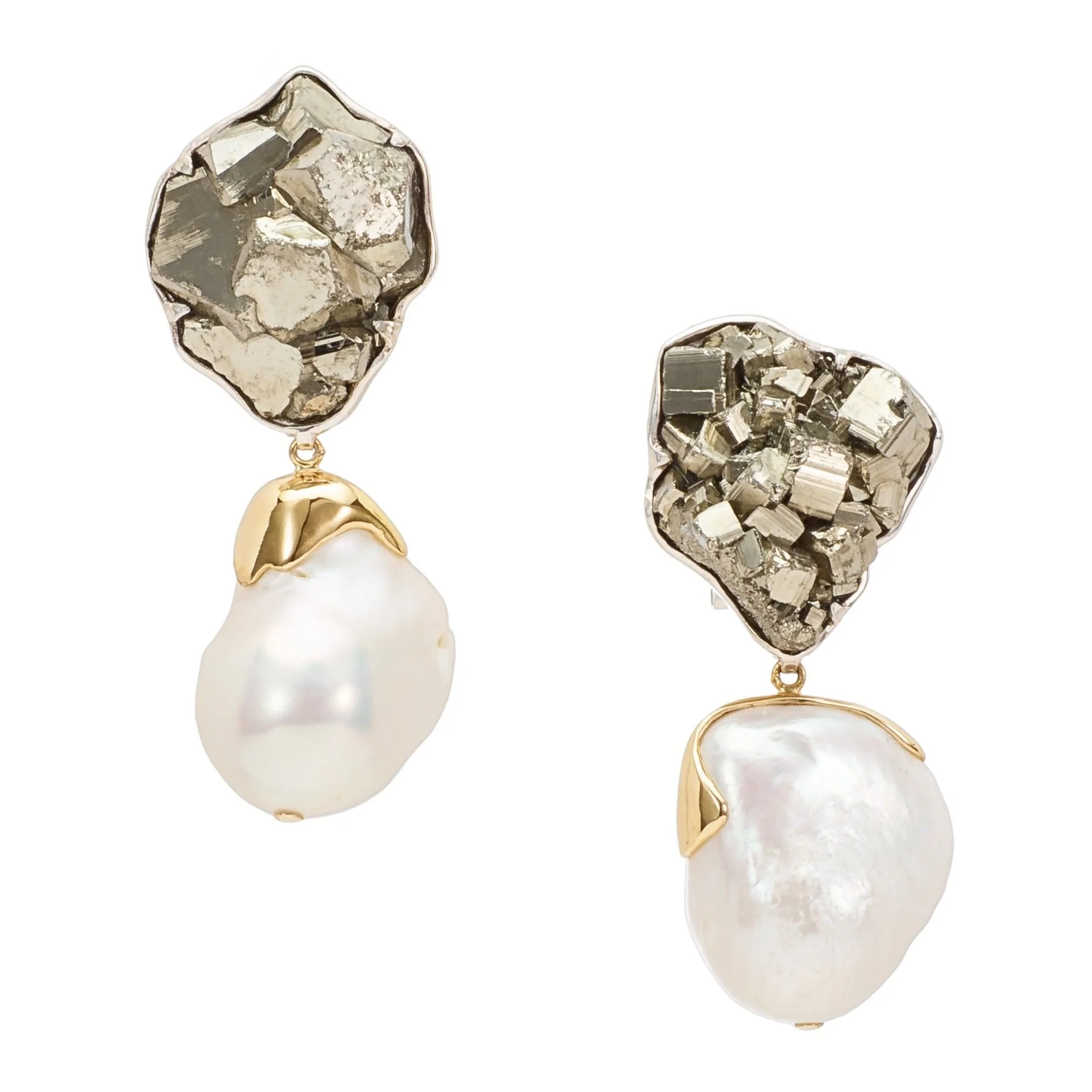 Pyrite and Baroque Pearl Earrings