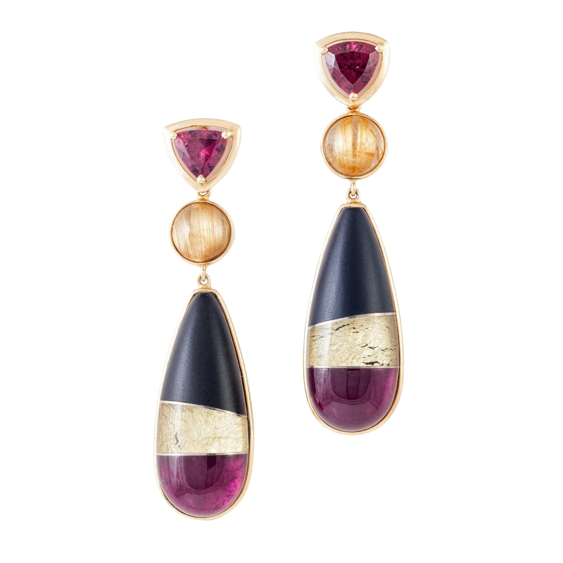 Rubellite,  Rutilated Quartz and Black Jade Earrings
