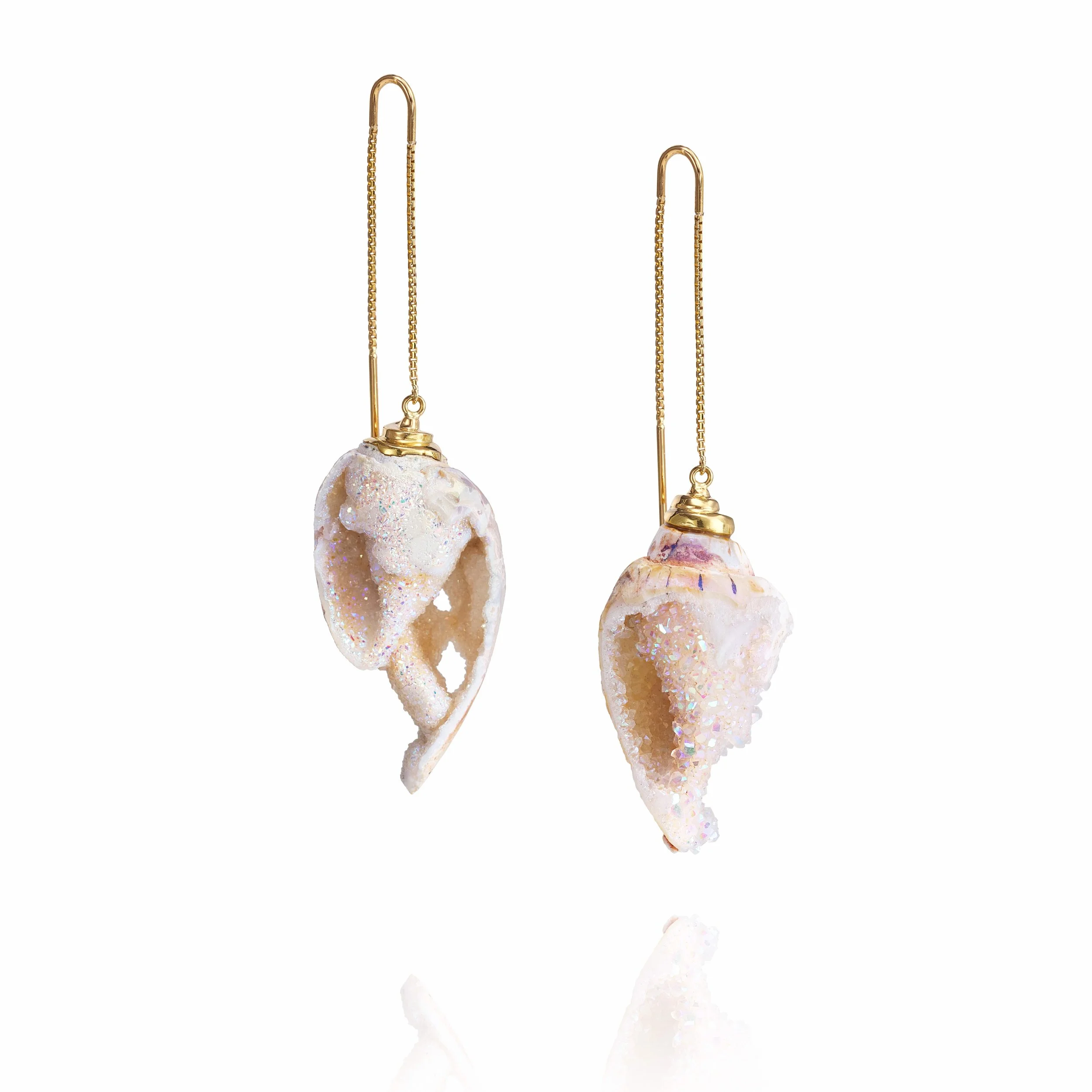 AR6-24Y 海洋之歌 Song of the Sea天然白水晶晶簇附生于海螺化石，18k黄金镶嵌耳线Natural drusy quartz on fossilized shell, 18kts yellow gold earrings.W.jpeg