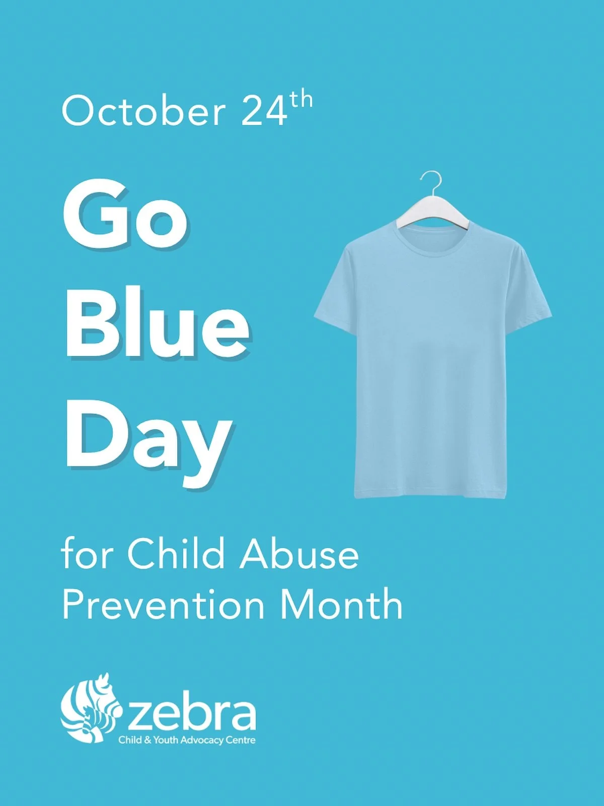 👕 We invite you to join our Zebra Herd and all Child Advocacy Centres across Alberta by wearing blue on October 24th for Go Blue Day. 

💭 Why blue? 

💙 According to the Kids Centre, the Blue Ribbon Campaign to Prevent Child Abuse began in Virginia