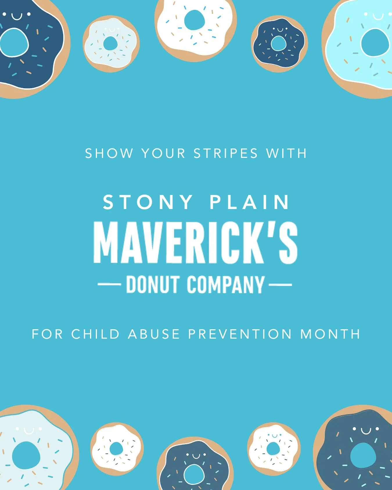 We are thrilled to share Stony Plain Maverick&rsquo;s Donuts and the Zebra Centre have teamed up for Go Blue Day in recognition of Child Abuse Prevention Month. 💙

This Friday, $2 of every special blue sprinkle donut sold will be donated to the Zebr