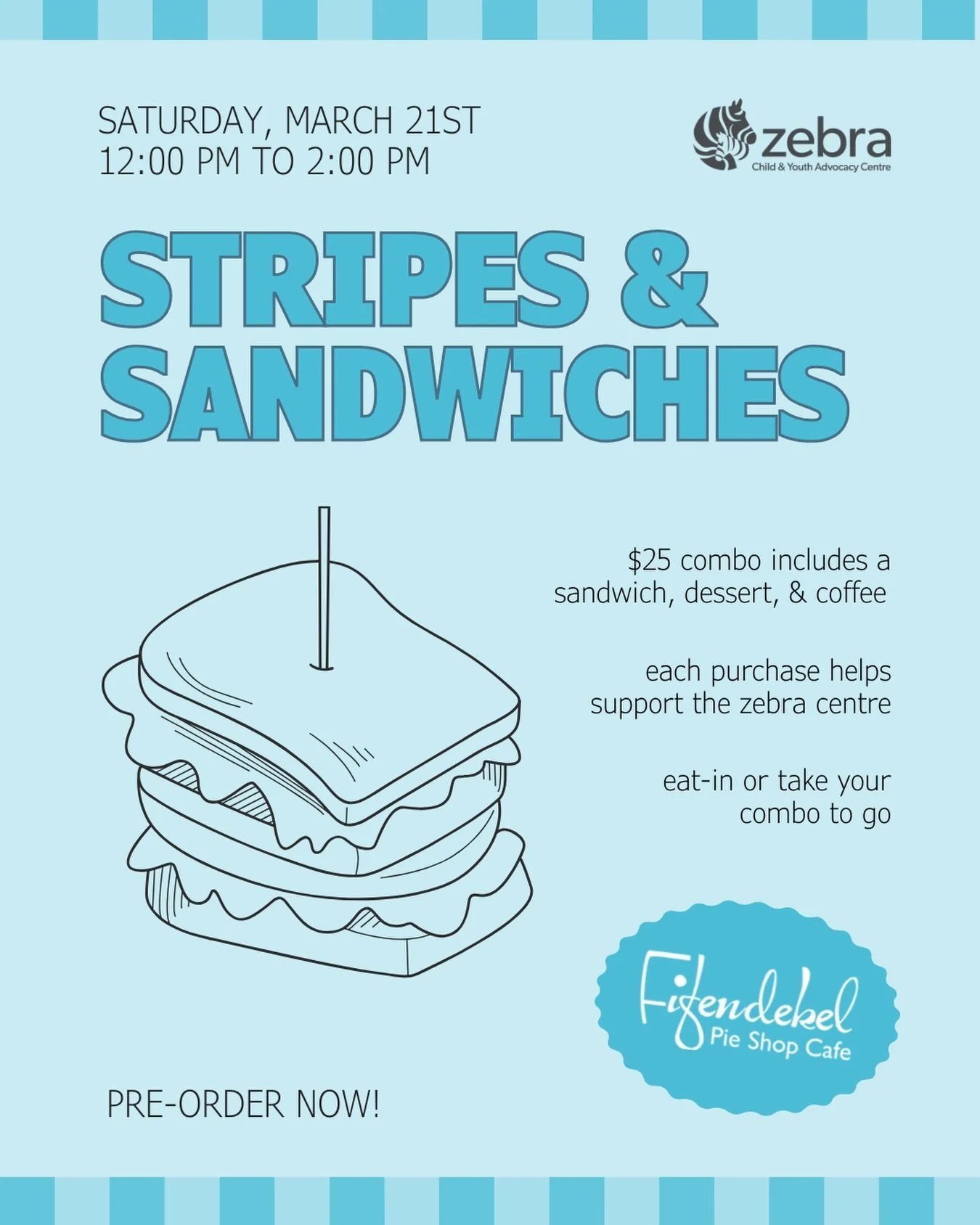 Show your support for the Zebra Centre with the Stripes &amp; Sandwiches combo at Fifendekel! 🥪

Each $25 Stripes &amp; Sandwiches combo not only includes a sandwich, dessert, and coffee from our friends at Fifendekel, but every lunch package purcha