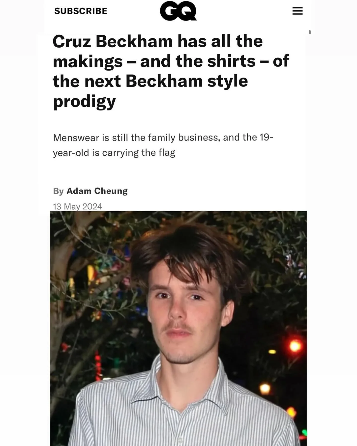 In Los Angeles, Cruz looked like the spitting image of Beckham Sr, complete with an unruly head of hair and a sweet new &lsquo;stache. Spotted with Norwegian singer Bby Ivy leaving Osteria Mozza (the linguine bangs, apparently), he wore a shirt from 