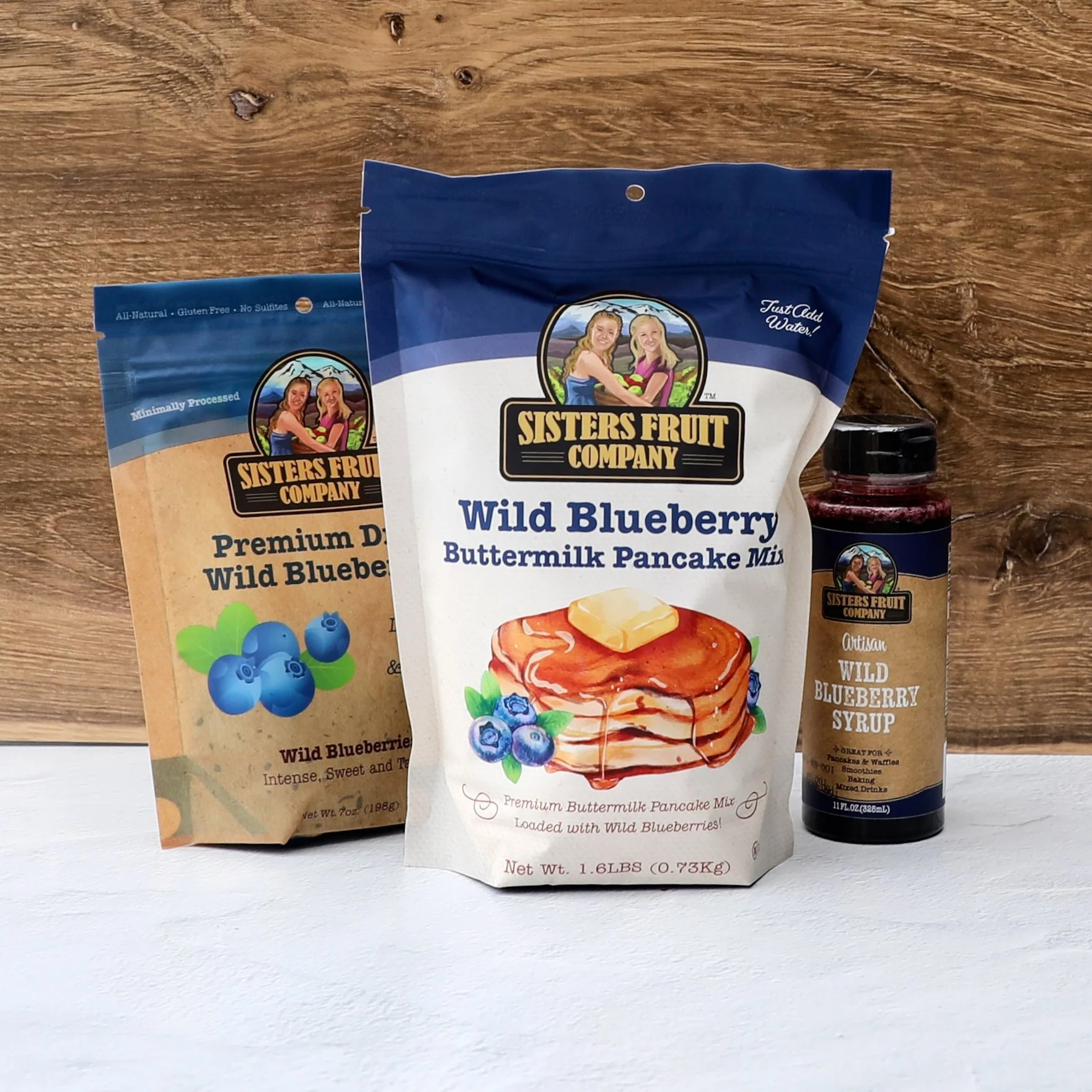 wild blueberry pancake mix, syrup and dried wild blueberries