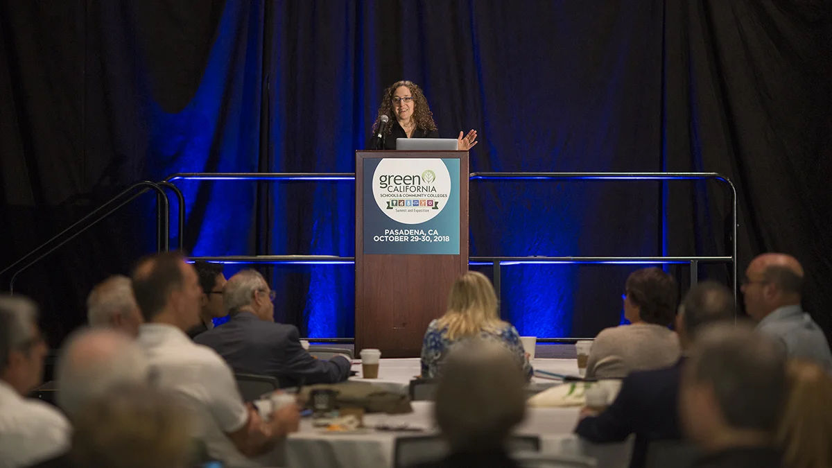 Sharon Danks (Green Schoolyards America) gave a keynote presentation at the Green California Schools and Community Colleges Summit this year. Photo by David McNew, courtesy of Green Technology.