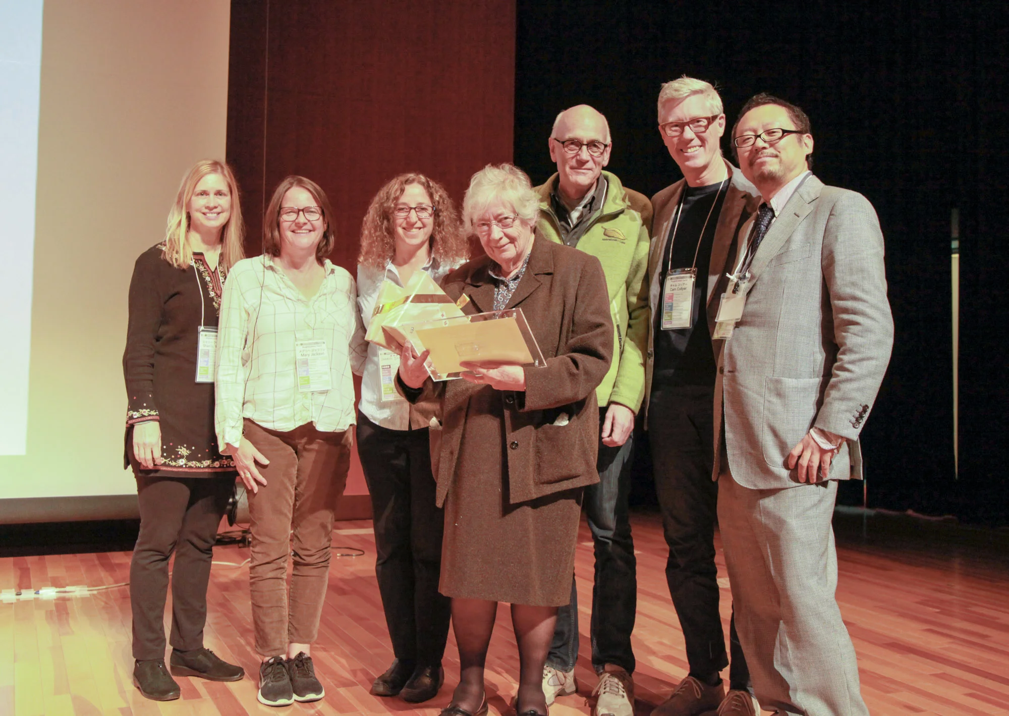 At the conference, Susan Humphries (center), who was the principal of The Coombes School in England for more than three decades, received a lifetime achievement award for her work as a pioneer in the global green schoolyard field. She is shown here with six members of ISGA’s Executive Committee from the USA, UK, Sweden, Canada, and Japan.