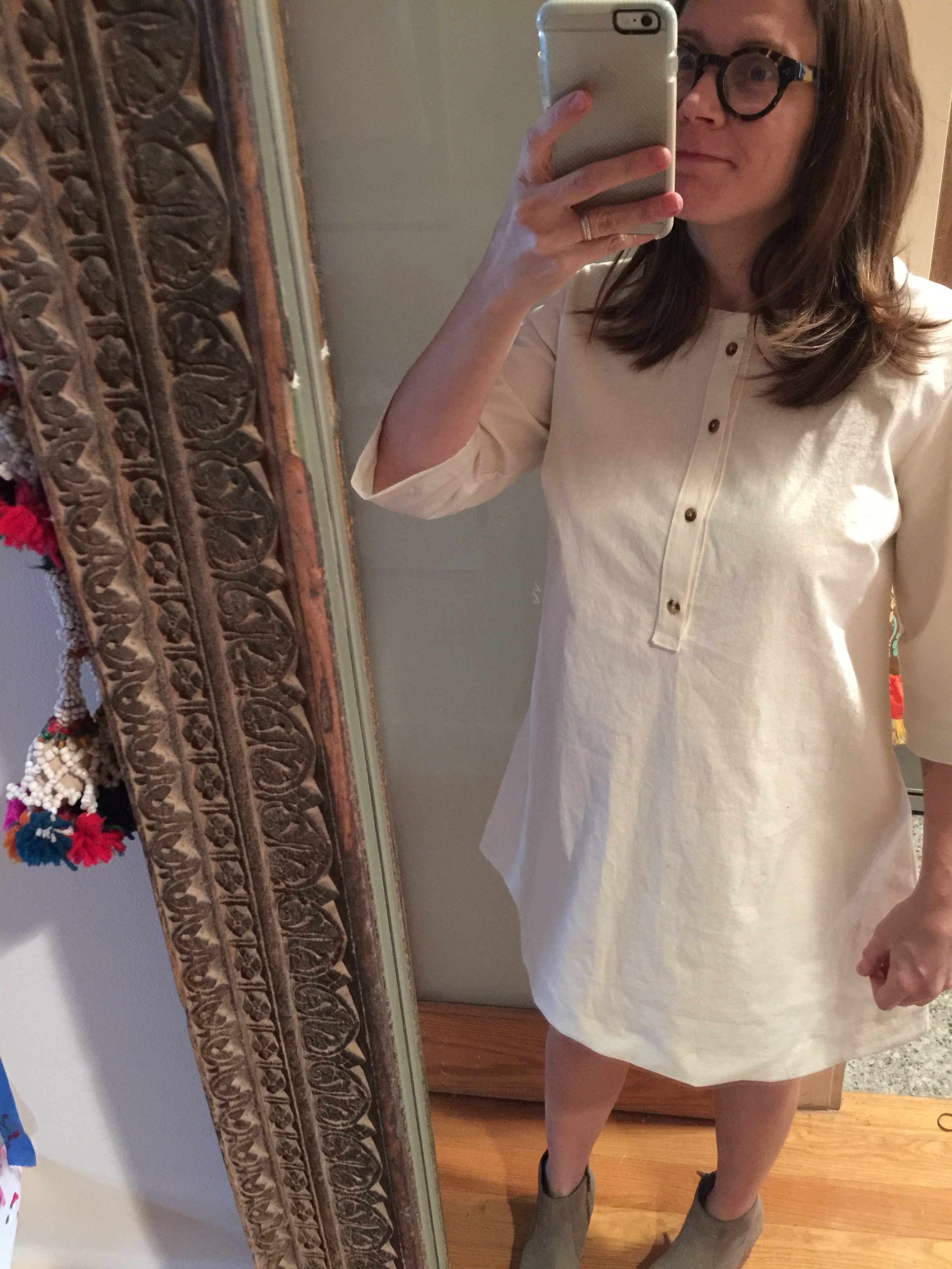 The Pearl Shift Dress from Green Bee Patterns by Alexia Abegg. I made it a size or two too large (mainly in the shoulders) so I may re-visit this, but I LOVE this pattern. Also, I learned how to make pockets, so that was great!