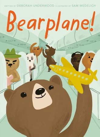 Cover of the children's book "Bearplane!" showing various bears on an airplane, with one holding a yellow paper airplane.