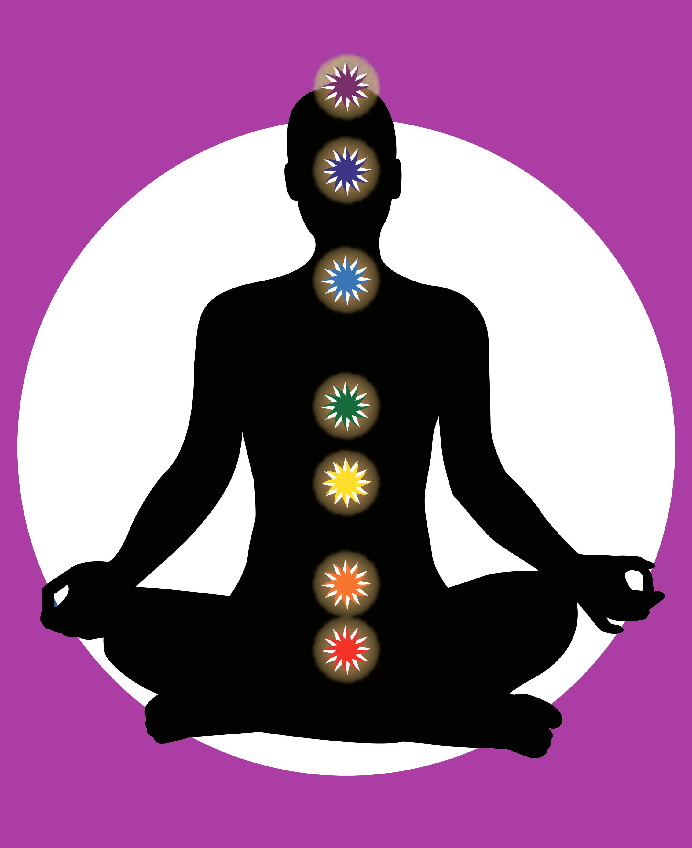 The Seven Main Chakras (from top to bottom): Crown, 3rd Eye, Throat, Heart, Solar Plexus, Sacral and Root/Base