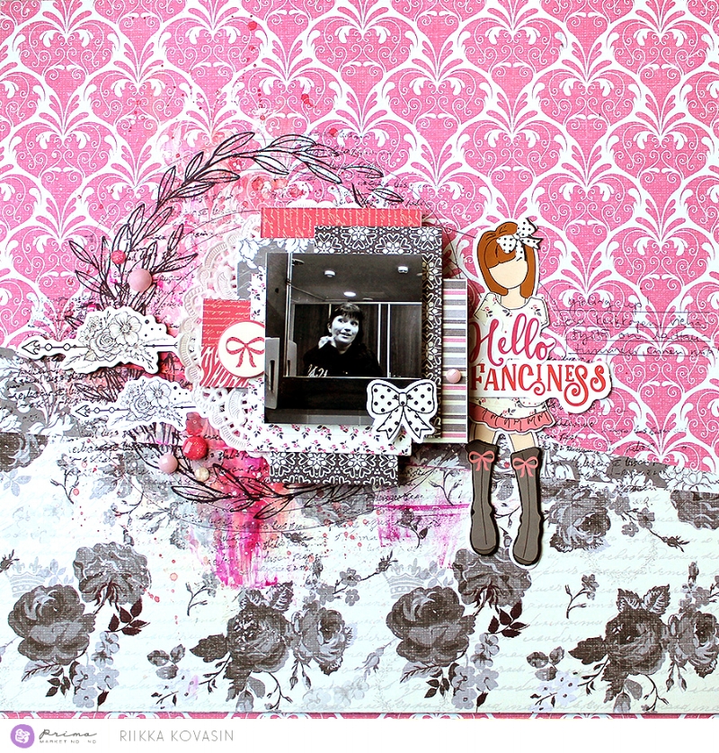 "Julie Nutting’s collection is perfect for all things girly so I decided to scrapbooking this rare photo of me doing my make-up. The occasion itself is not rare as I use make-up daily, but I guess this is the only photo documenting it! It’s taken before a gig I attended with my friends when we drove half of the night and morning to see our favorite band in a small festival in the middle of nowhere. I mixed the different patterns in the page and used one of the JN paper dolls as my embellishment." ~ Riikka