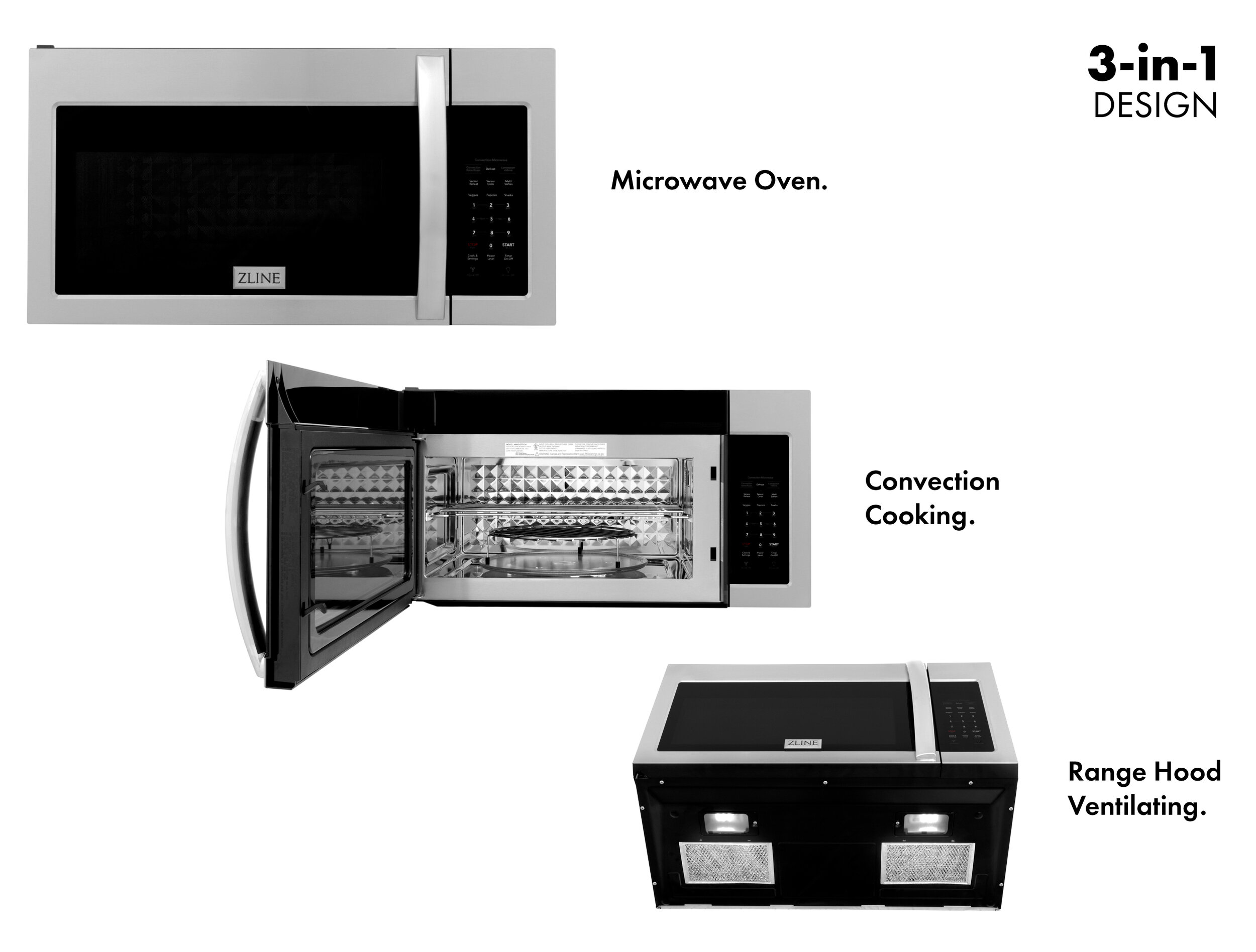 Graphic of the Front, inside, and bottom of the ZLINE Over The Range Microwave