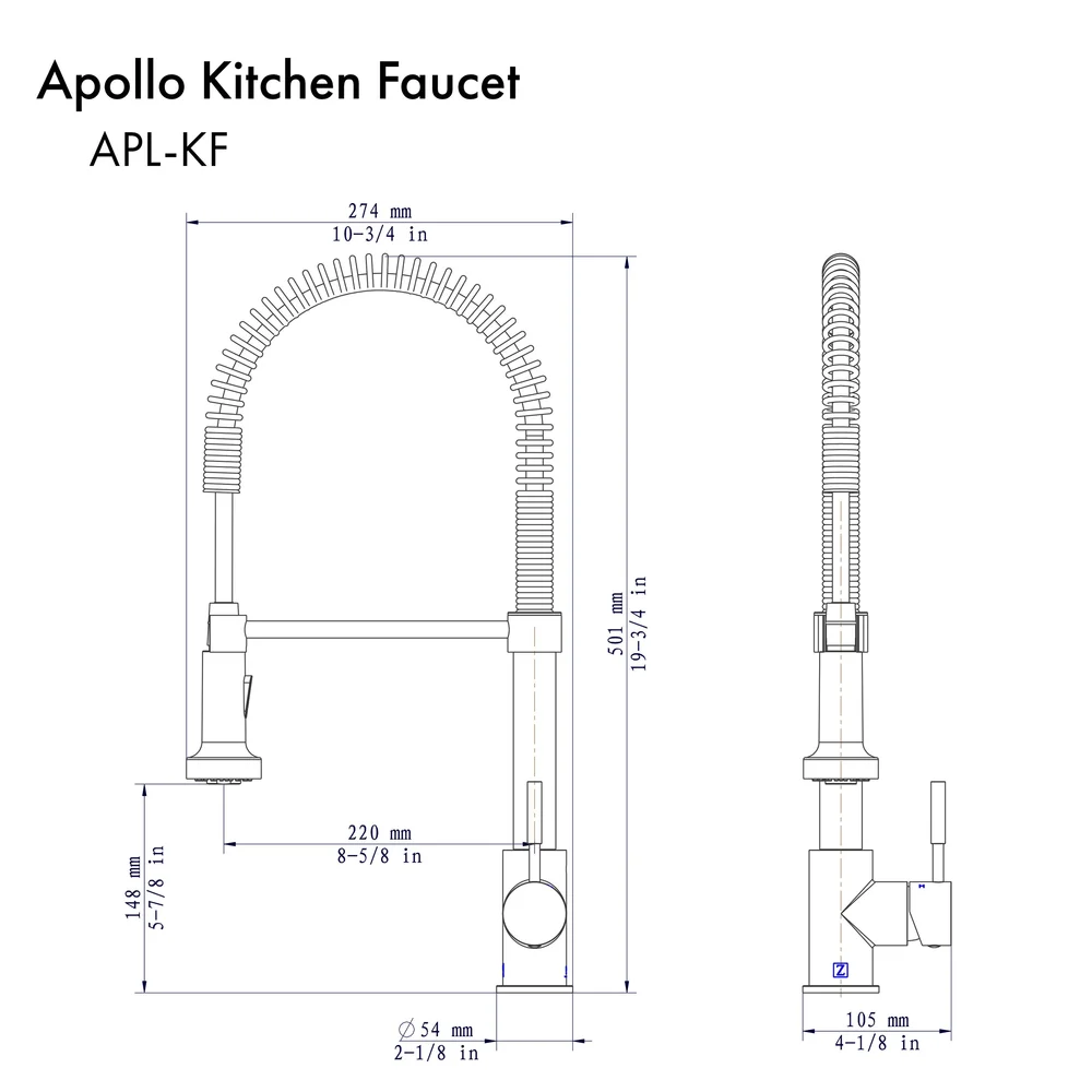 Diagram dimensions for ZLINE Apollo kitchen faucet