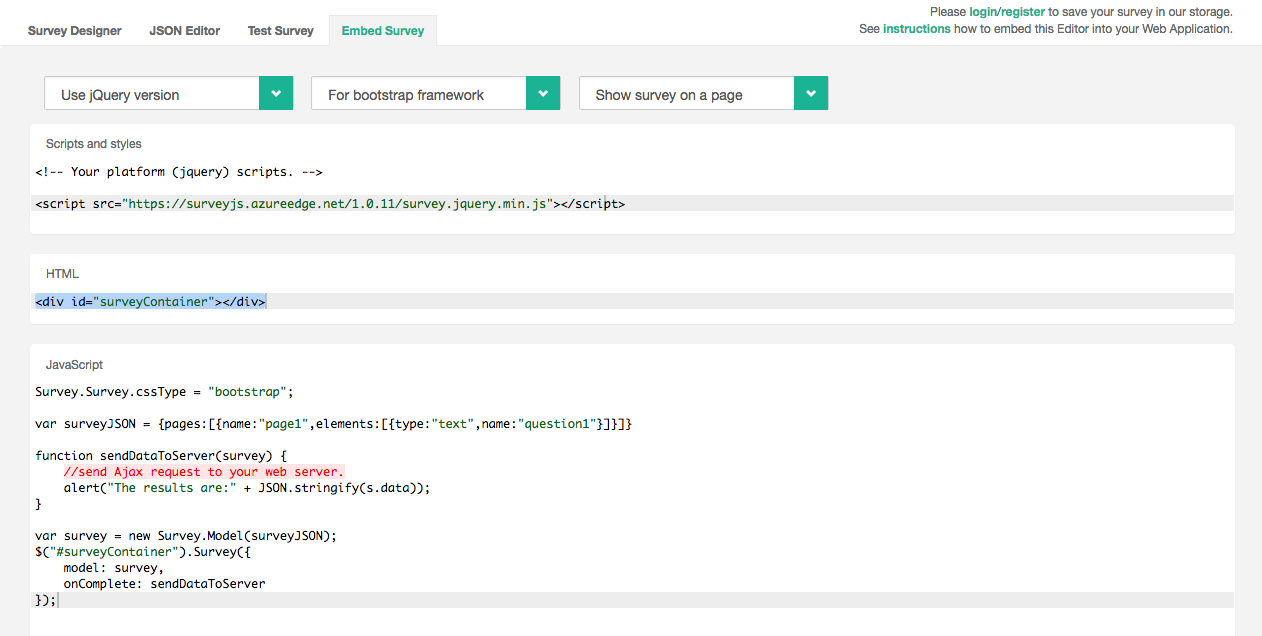 SurveyJS allows users to embed code very easily