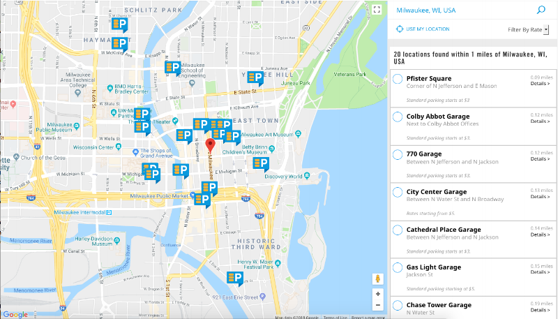 The Secure Parking Map displays parking locations as well as displays a side panel of results.