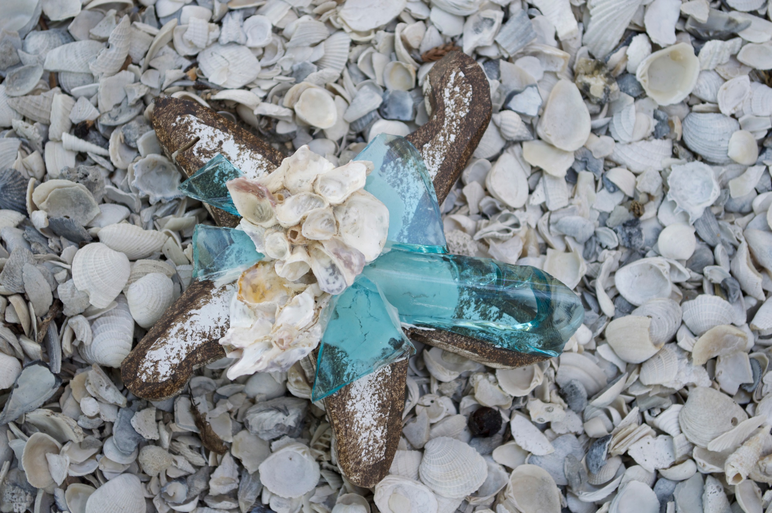 Beach Art - Sm. Star Fish - wood, glass, shells - 3/4" thick, 5" wide - $18