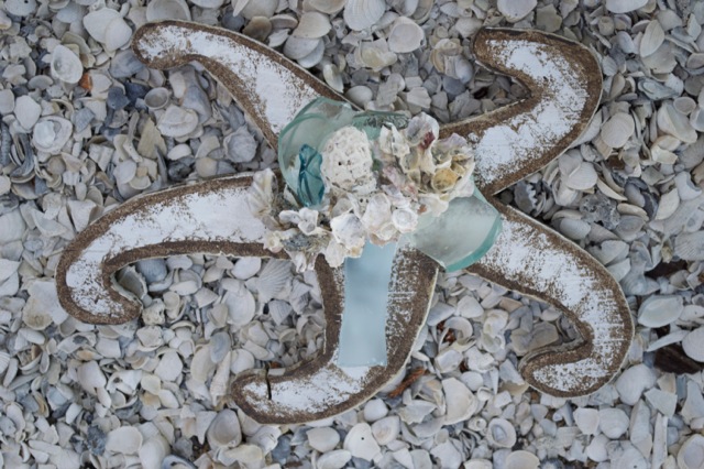 Beach Art - Large Curly Star Fish - wood, glass, shells - 1" thick, 10" wide - $24