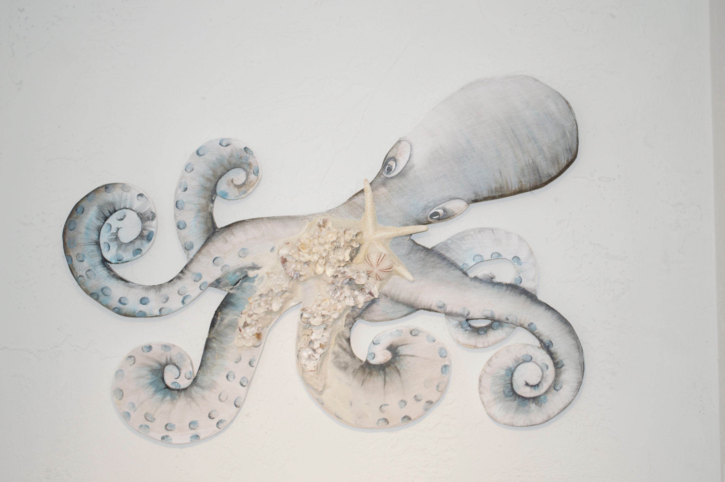 Beach Art - Octopus - wood, glass, shells - 26" x 15" - $149