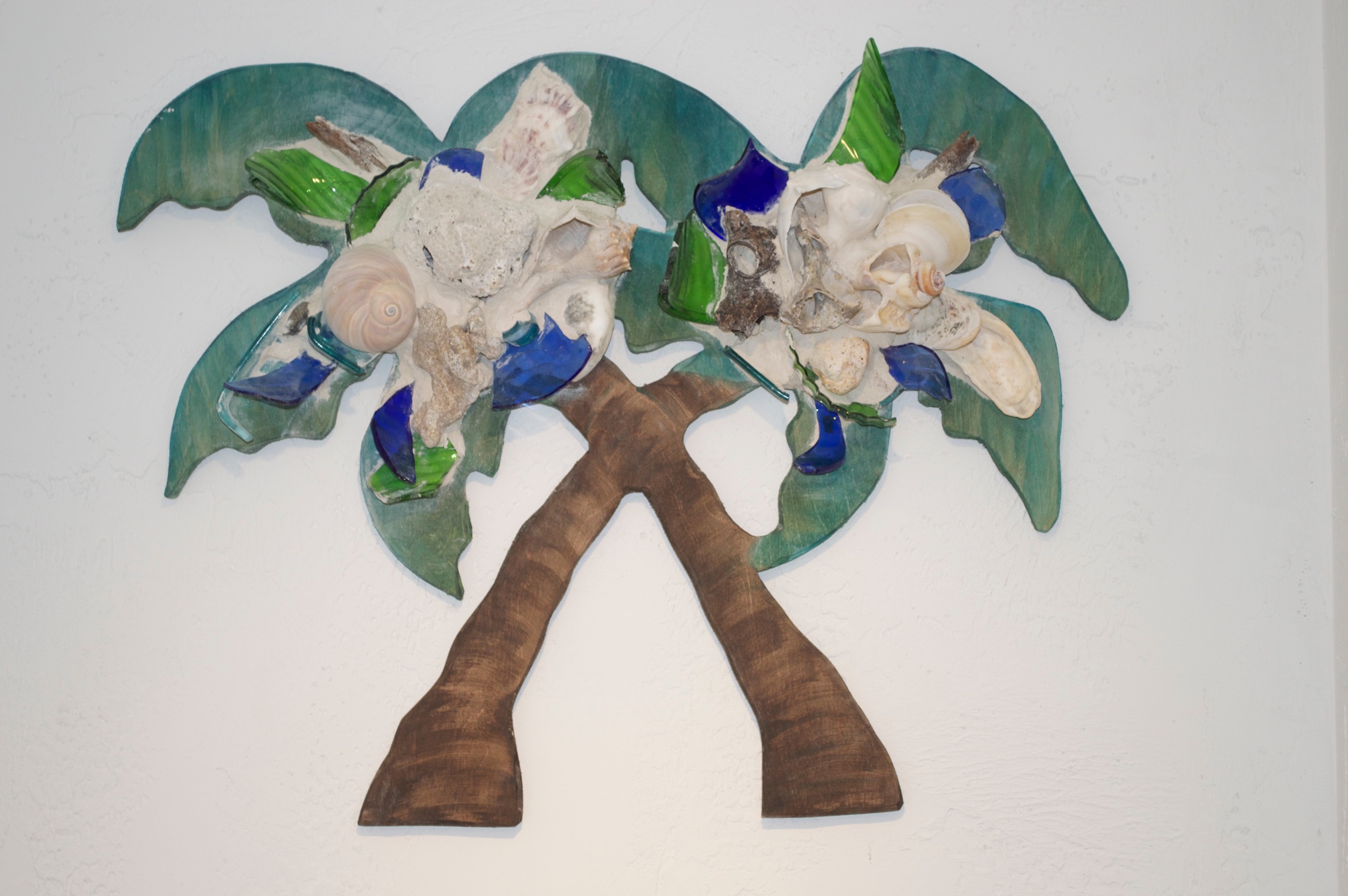 Beach Art - Double Palm - wood, glass, beach objects - 25" x 20" - $149