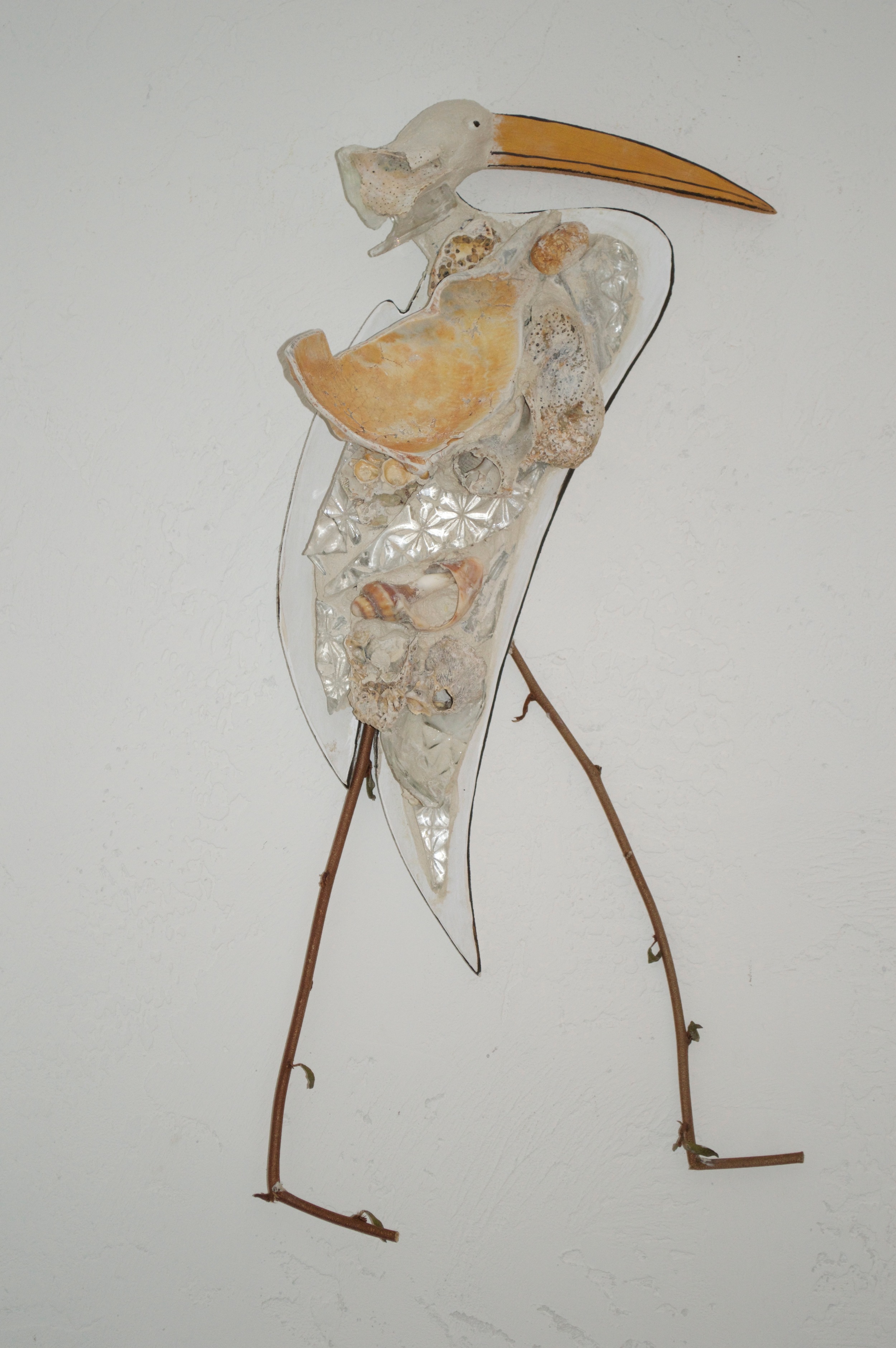 Beach Art - Egret - wood, glass, shells, twigs - sm. 9" x 20", $58, large 11" x 22", $85