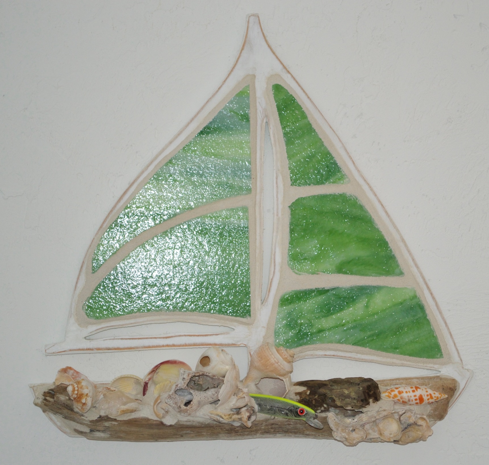 Beach Art - Sailboat - wood, stained glass, beach objects - small 11" x 12", large 21" x 19" $149