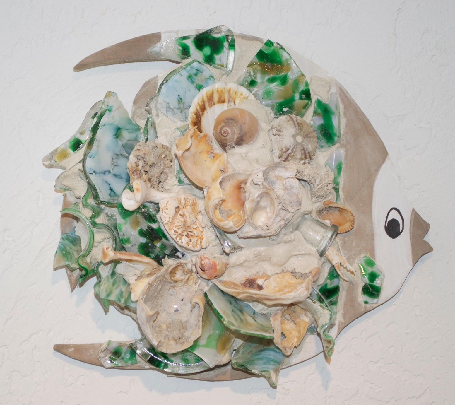 Beach Art - Angel Fish - wood, glass, shells - med. 10" x 10", $45, large 14" x 16", $84