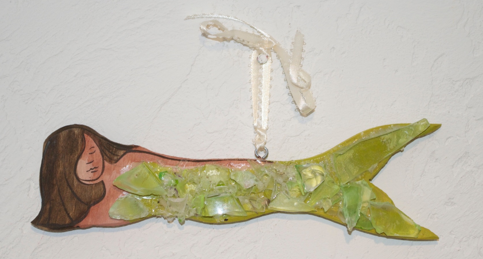 Beach Art - Mermaid hanging - wood, glass - 9" x 2-1/2" - $24