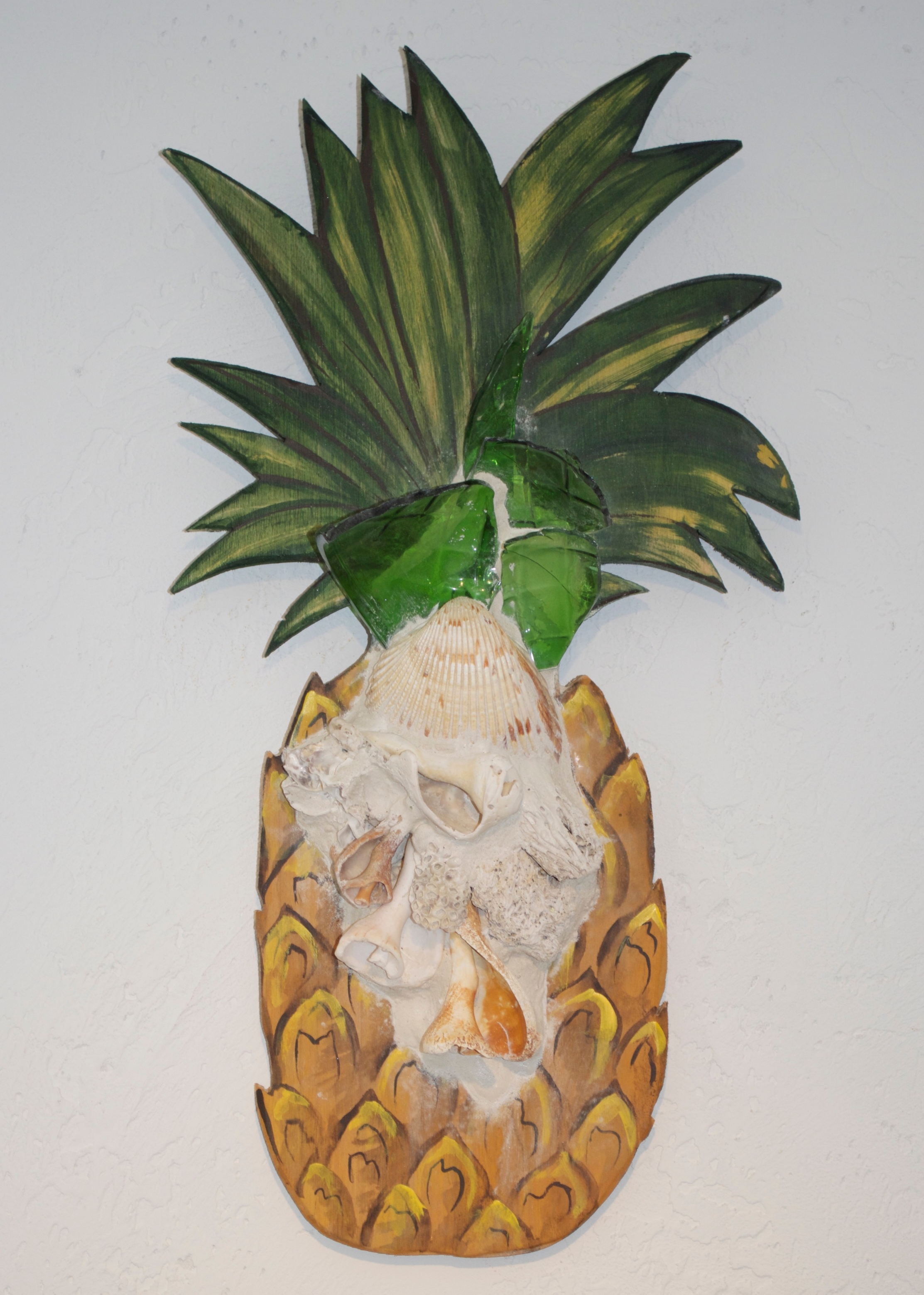 Beach Art - Pineapple - wood, glass, shells - sm. 6" x 11", $44, large 9" x 21", $75