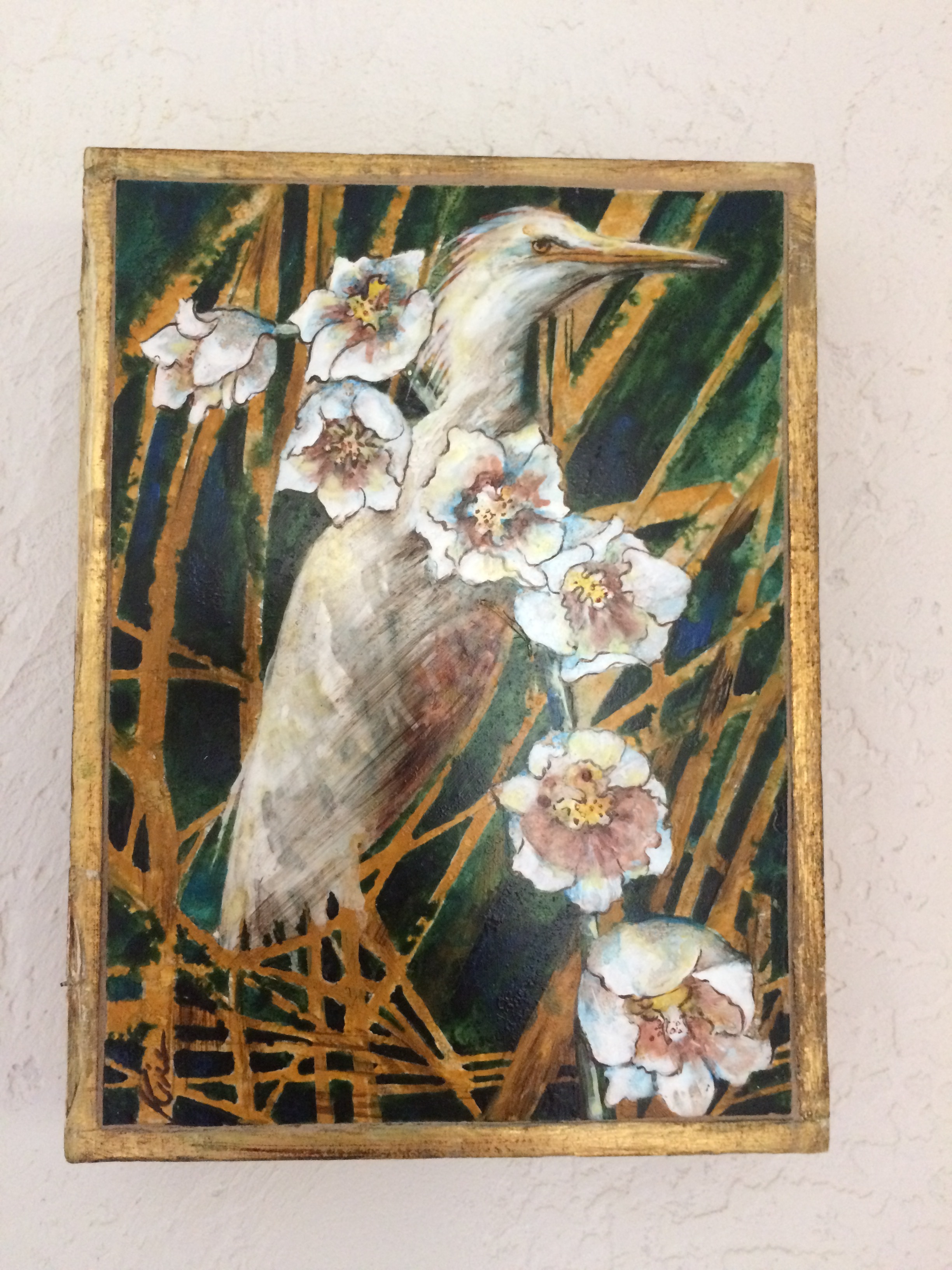 Juvenile Heron in Marsh Flowers stone painting in vintage Florentine box 6 1/2 " x 9 1/2 " SOLD