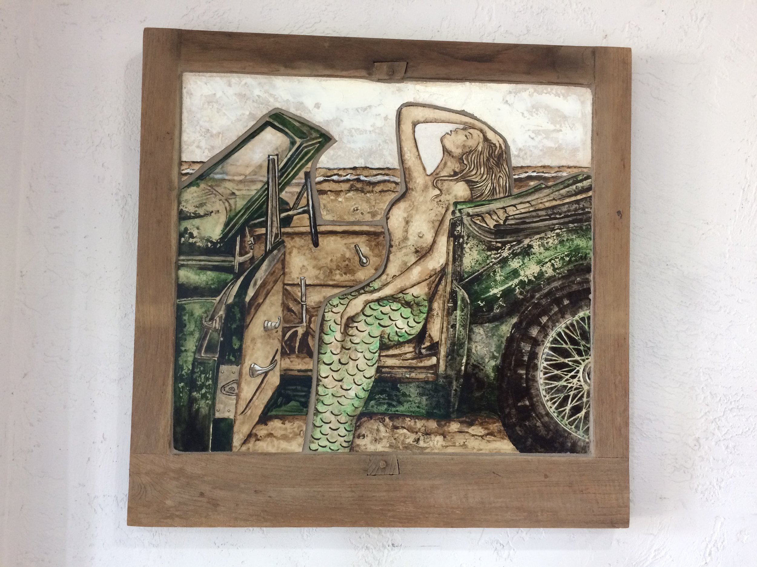 Mermaid in Beach Car stone painting mosaic in teak wood frame, 24" x 24"  SOLD