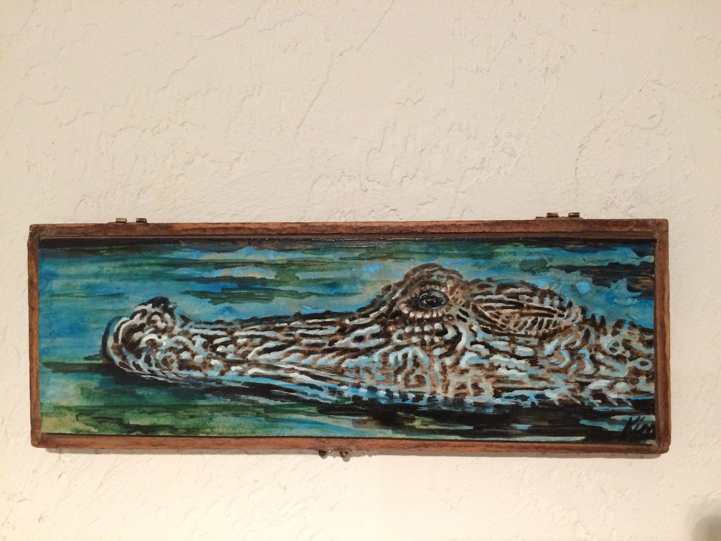 Alligator on Water, in vintage wooden box, 12" x 4 1/2" SOLD