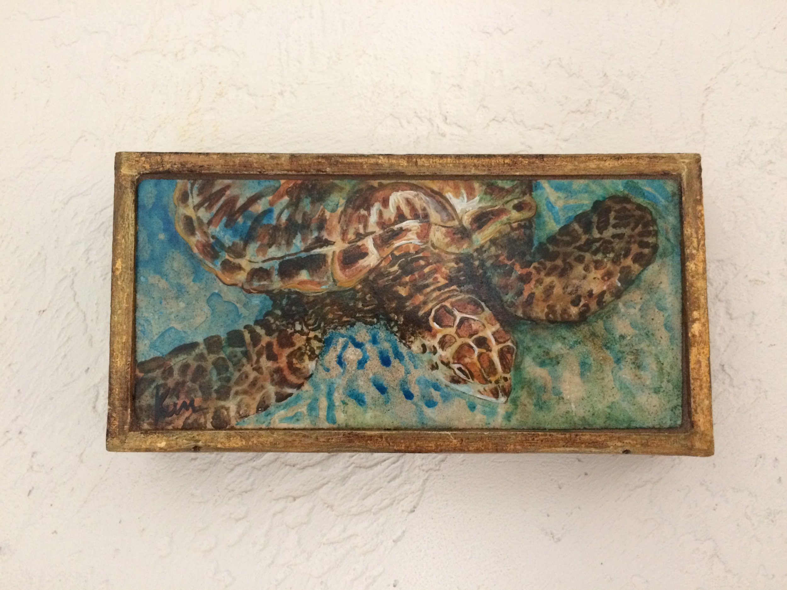 Loggerhead in Shallow Water, stone painting in vintage Italian box , 8" x 4" SOLD