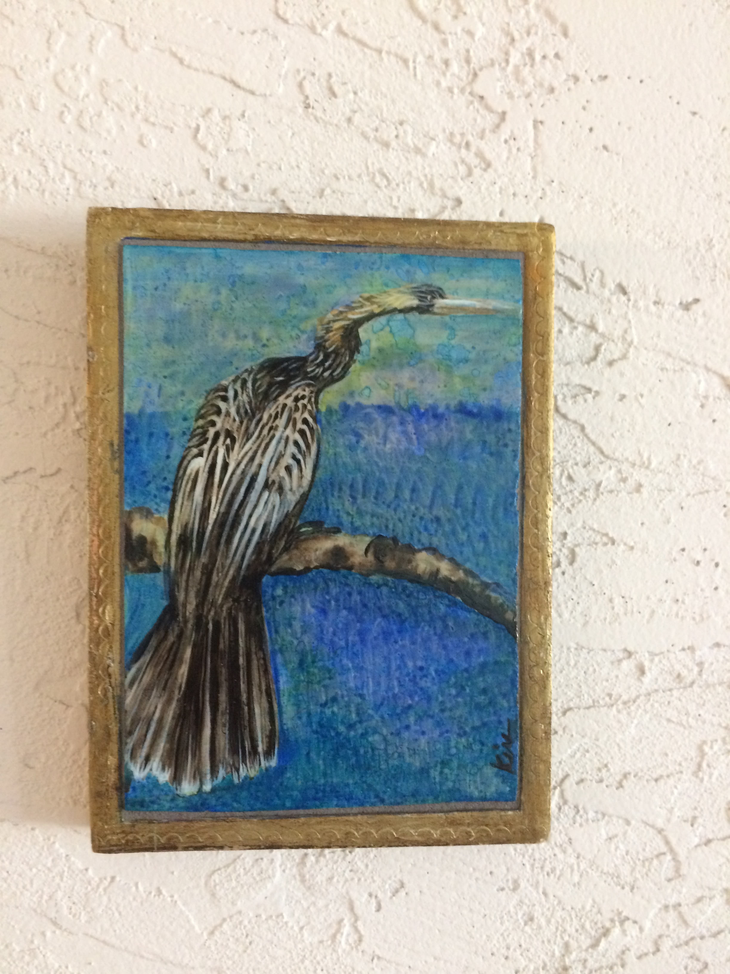 Anhinga, stone painting in vintage gilded Italian box, 5" wide x 7" tall  SOLD