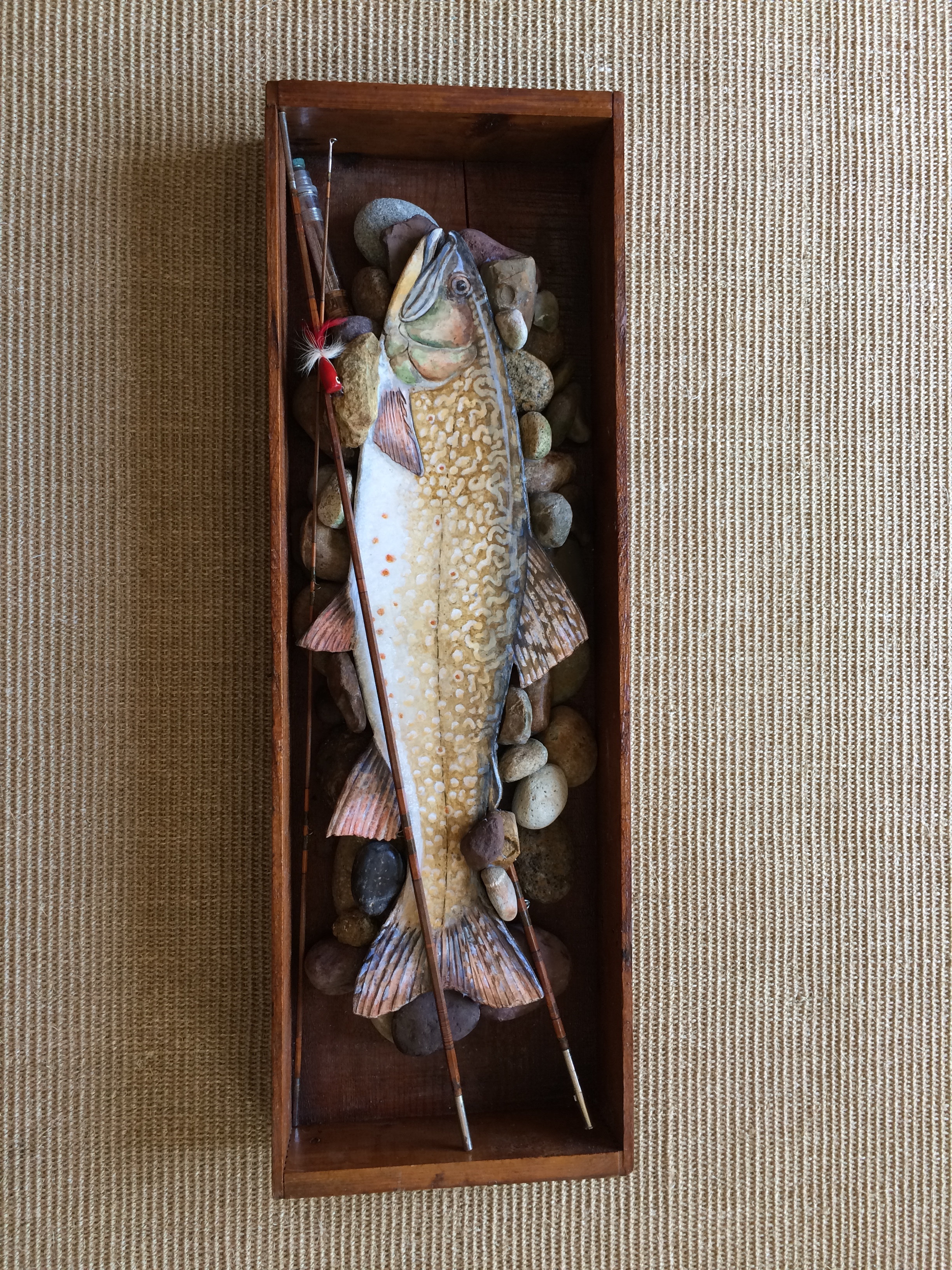 Brook Trout in vintage wood box and bamboo fly rod on river rock 20" x 32" SOLD