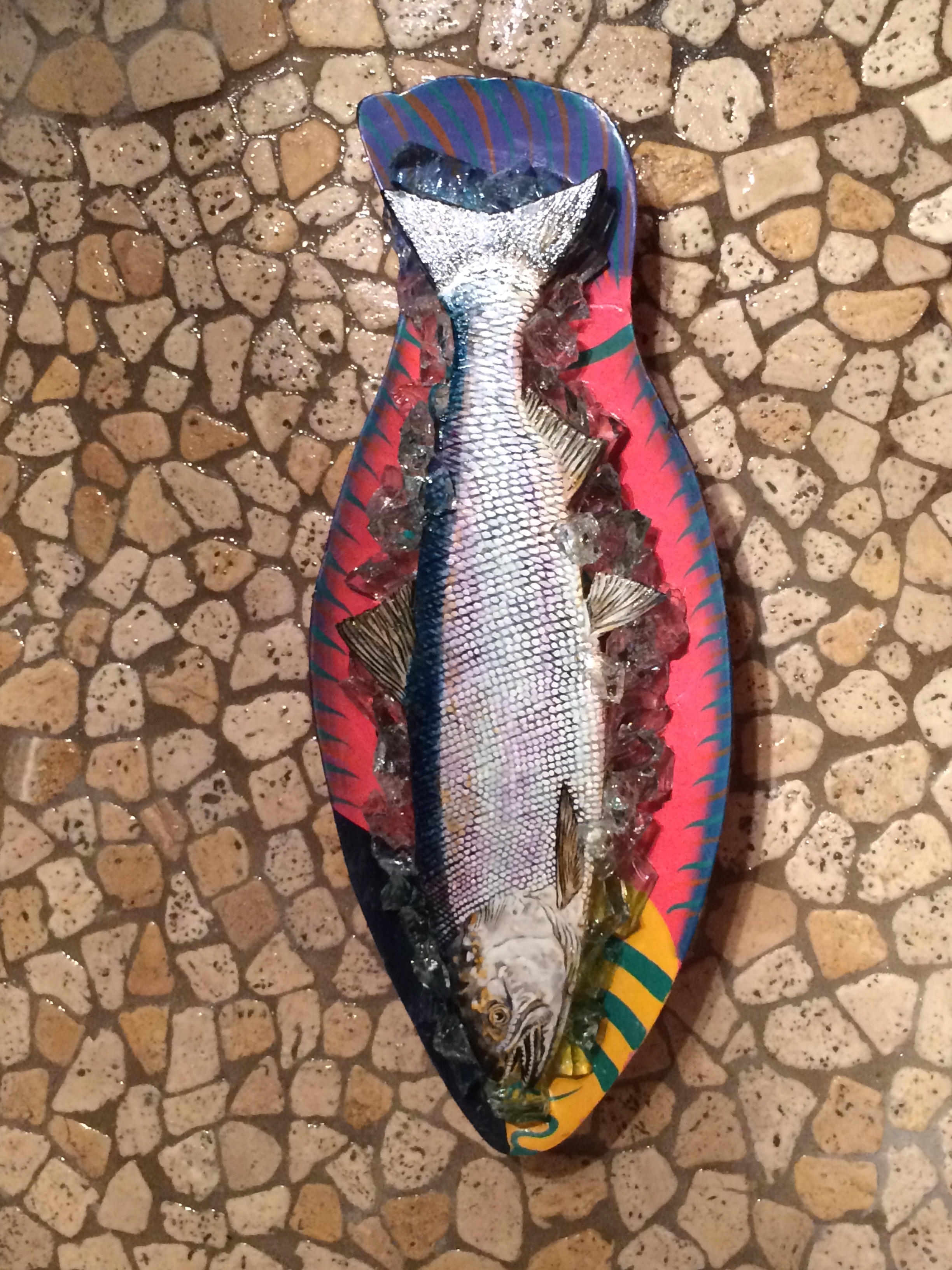Coho Salmon on Ice, stone painting on recycled wooden tray with glass ice, 19" x 8" SOLD