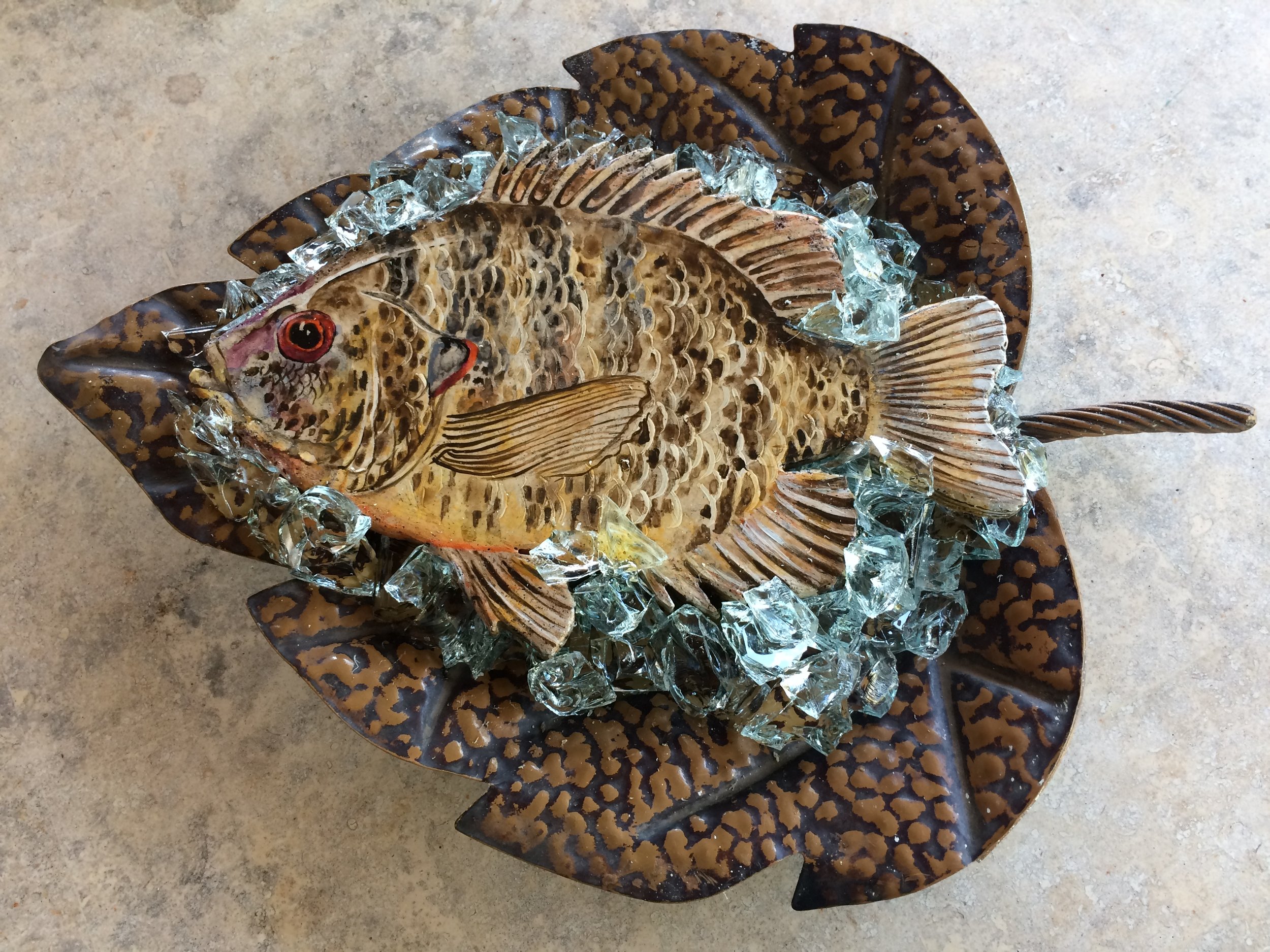 Red Ear Sunfish stone painting in recycled tin leaf on glass ice, 18" x 13" SOLD