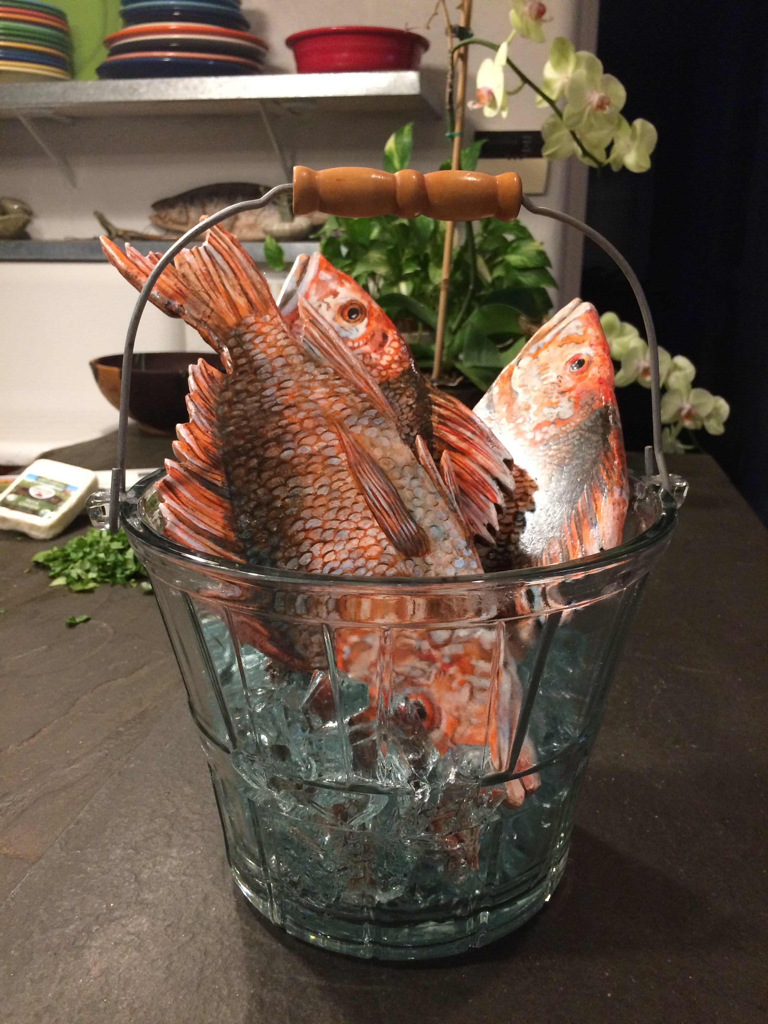 Three Snapper in a Glass Bucket on glass ice, stone painted fish, 11" wide x 12" tall x 11" deep SOLD