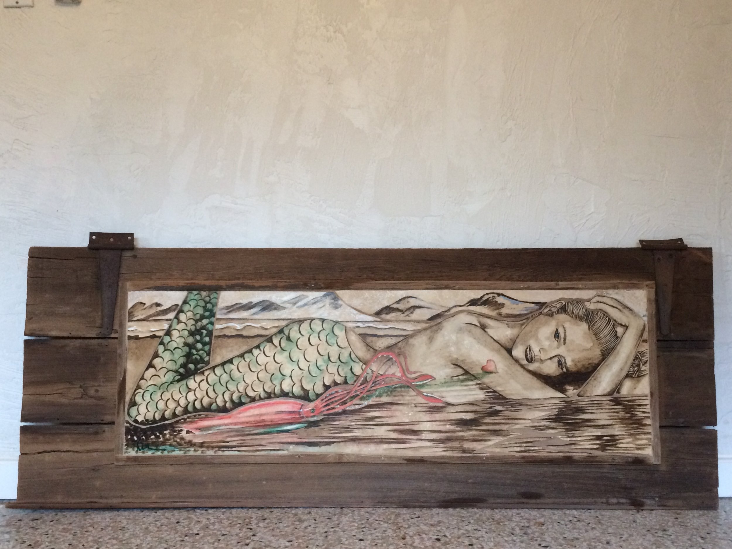 The Mermaid, Squid, and the Tattoo, stone painted mosaic in vintage wooden gate door SOLD