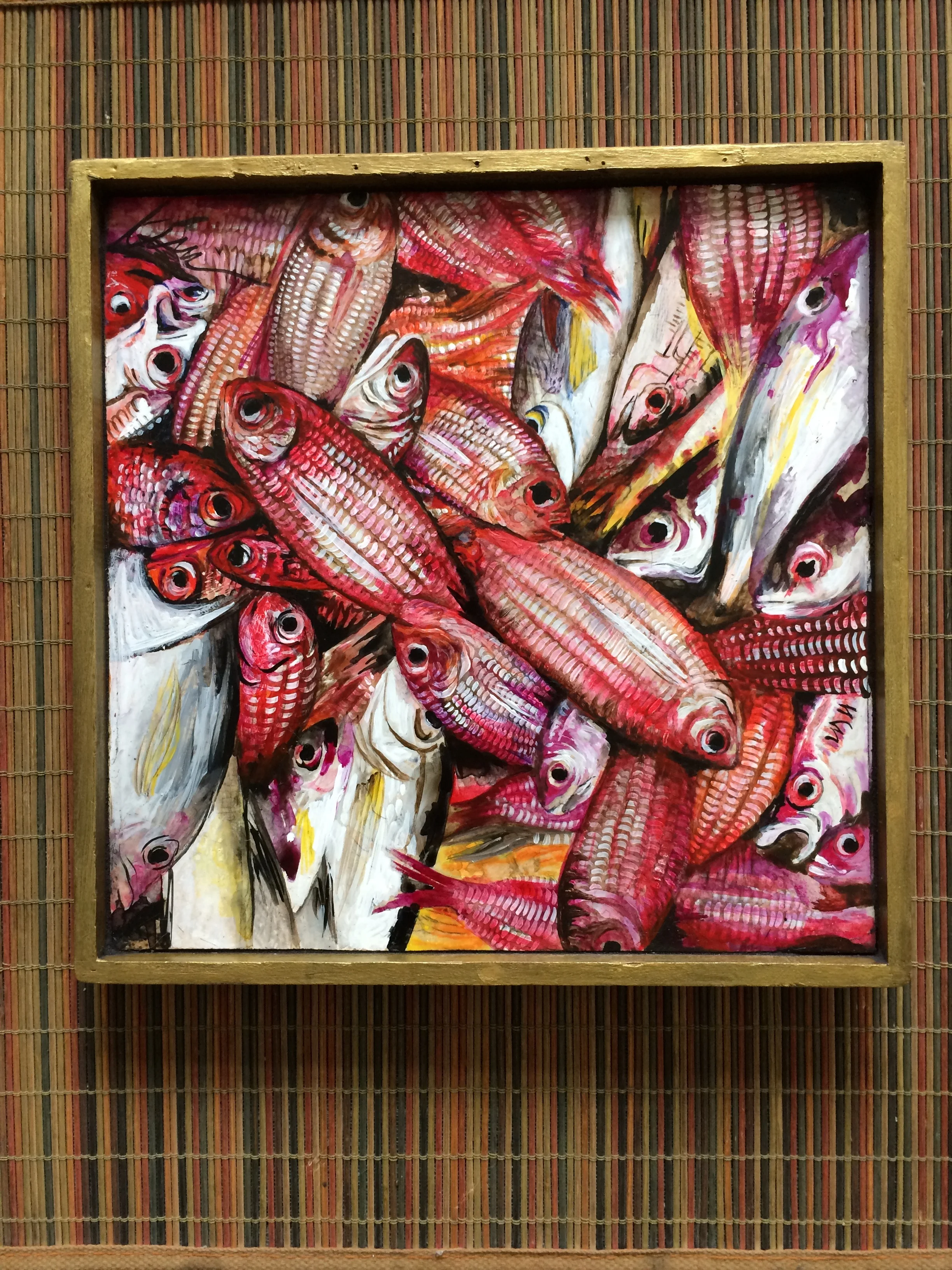 The Catch! stone painting in Italian Florentine wood box lid 12" x 12" SOLD