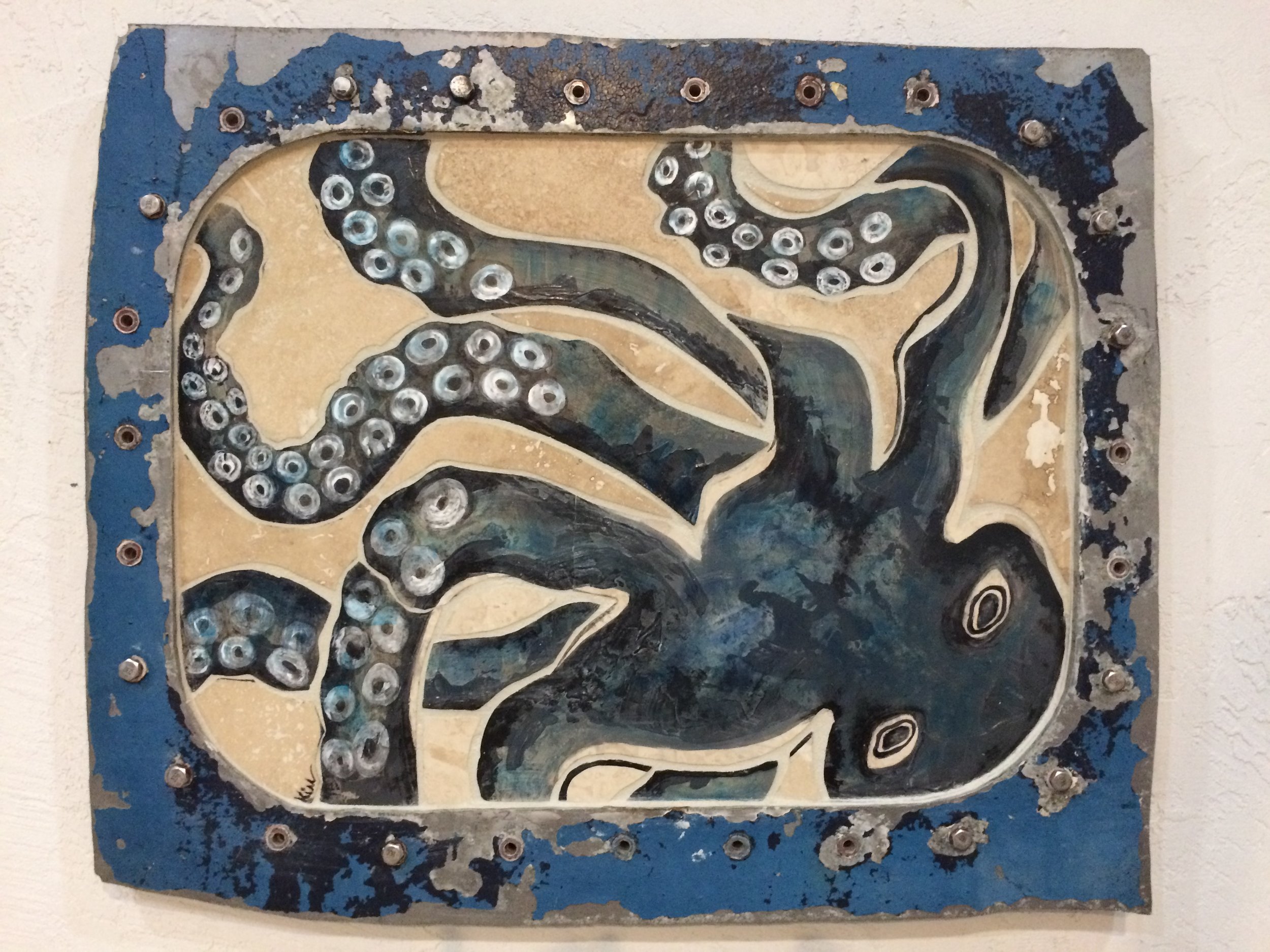 Octopus and Ship..stone painted mosaic in vintage ship window, 28" x 23"