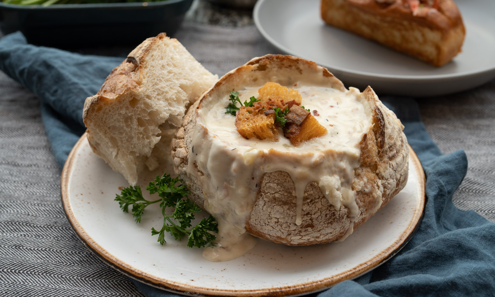 Chowder served in a bread bowl