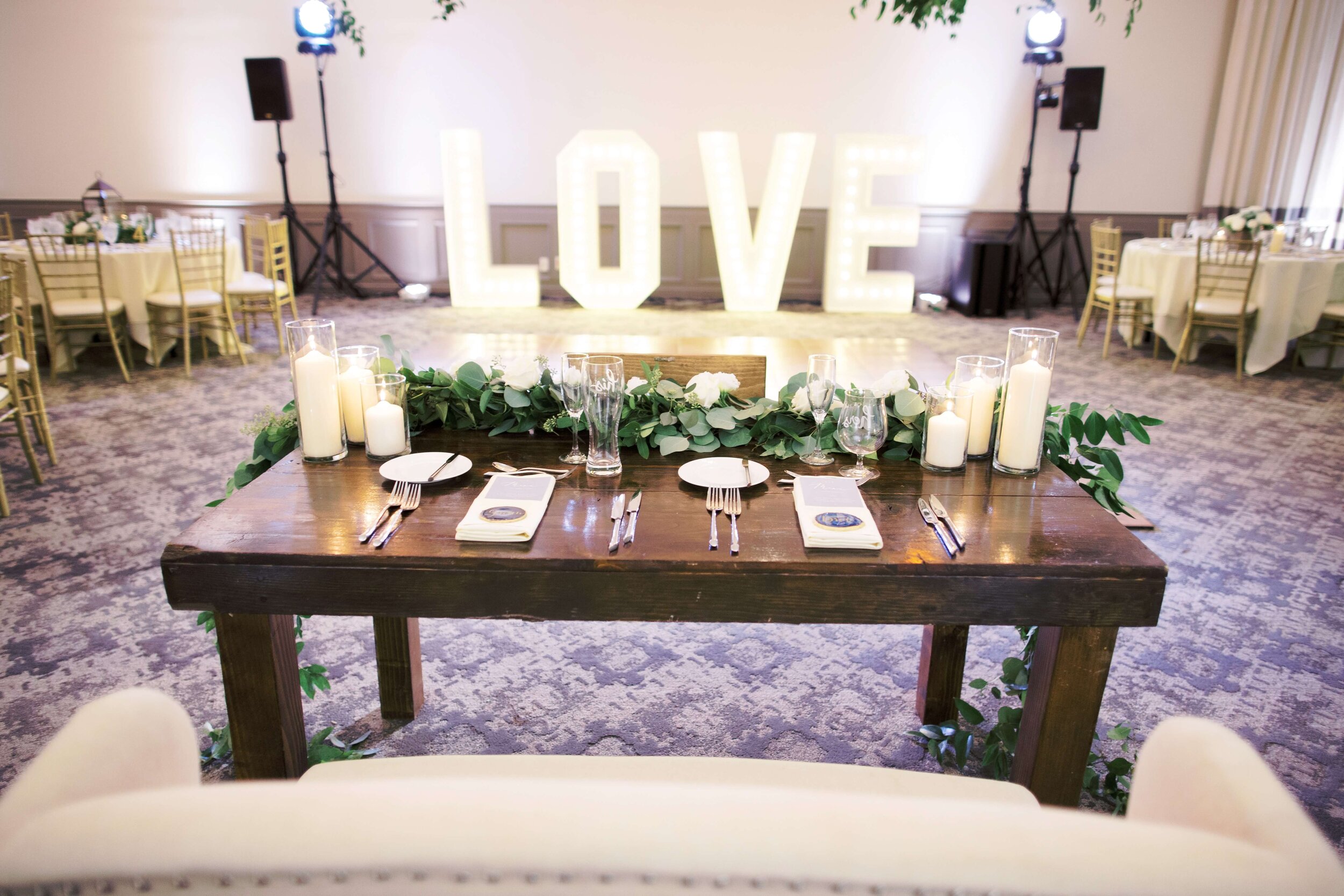 Wedding reception sweetheart table set-up at L'Auberge de Sedona in Sedona, Arizona