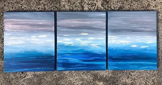 The best part about painting ocean scenes is that they can turn out to be so moody. 🌊 Stormy or calm, it always seems so soothing. This trio made a new home very happy 💙 #acrylic #canvas #ocean #blues #abstract #commission #highflow #artistsoninsta