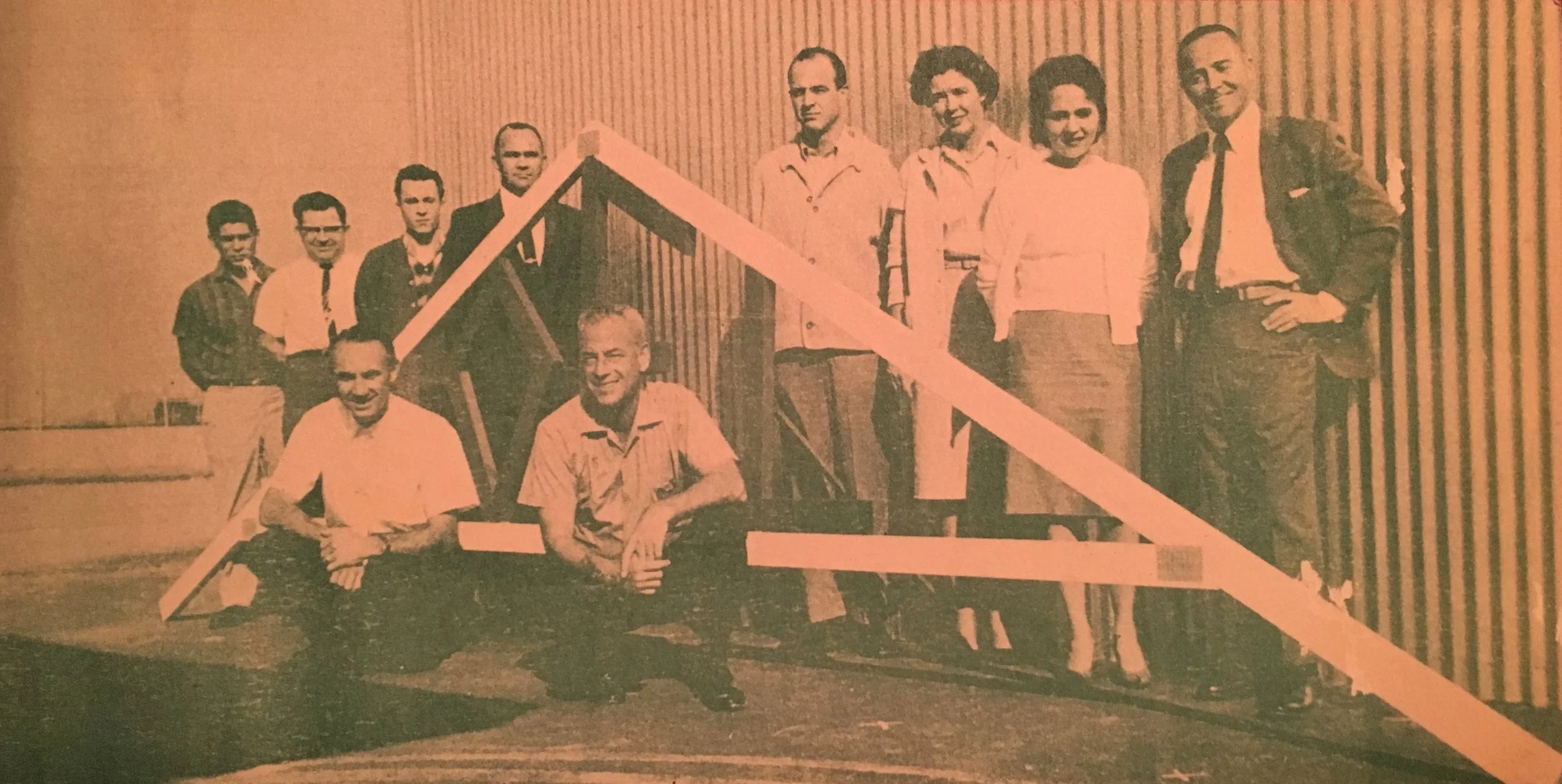 Tom Lyster on the right with Gang Nail Truss. This is the company that invented the Gang Nail plate that gets pressed into the lumber at the connection of the adjoining wood members.